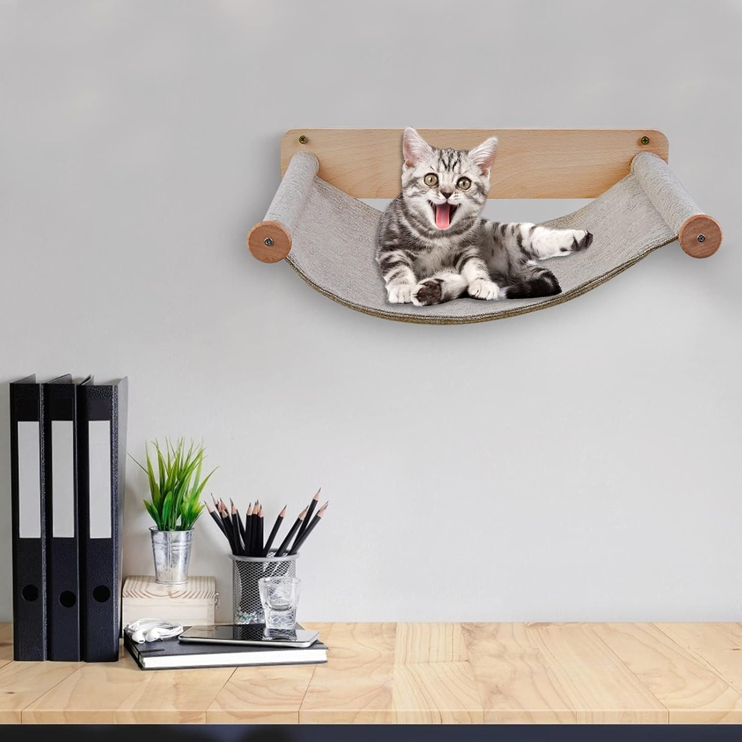 Purife Cat Hammocks Wall Mounted for Indoor Cats - Wooden Floating Cat Shelves and Perches for Wall, Kitty Wall Beds & Furniture, Sturdy Soft Hammock Beds for Climbing, Playing, Sleeping, Lounging image number 6
