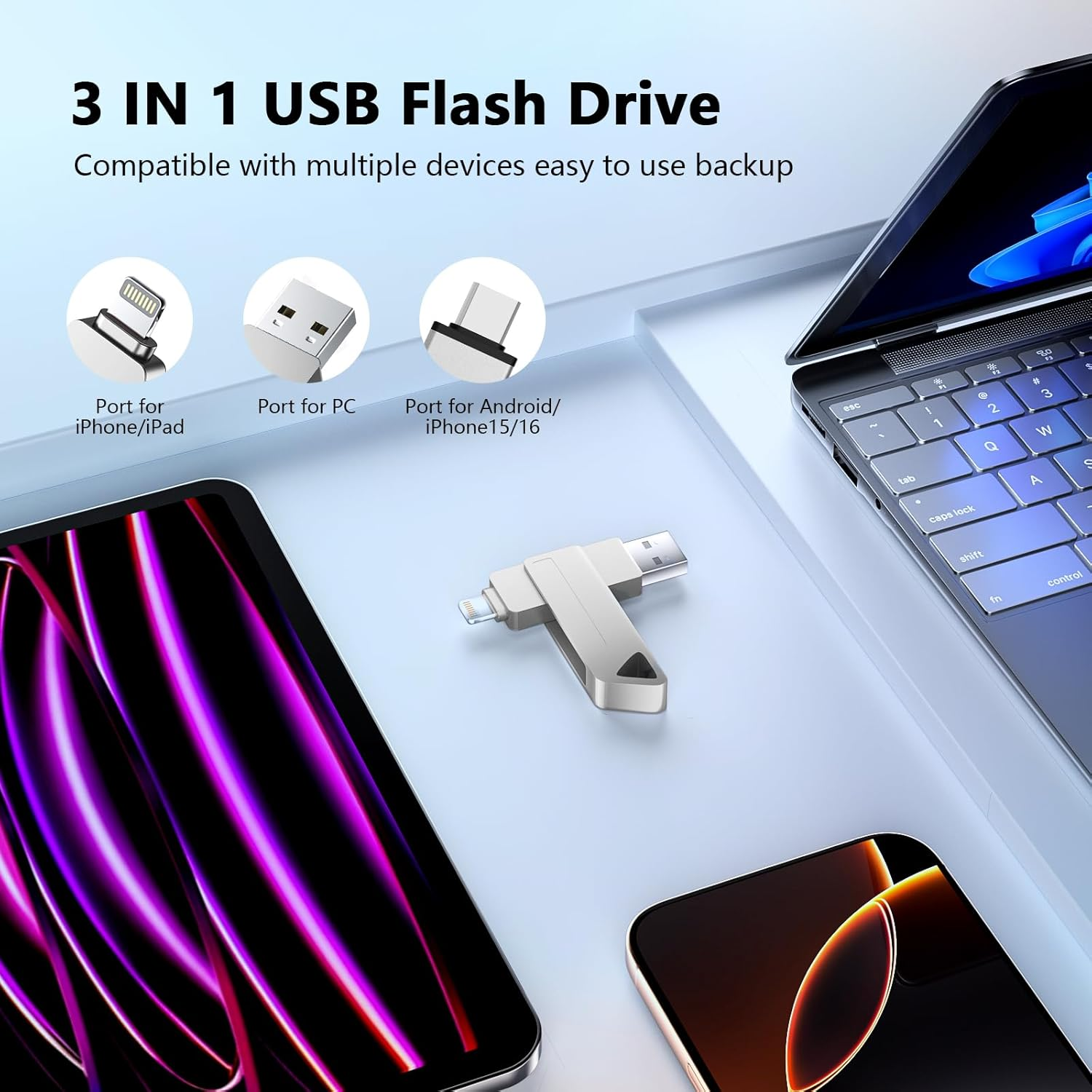 3 in 1 Flash Drive for Iphone - 256GB Phone Photo Stick for Backup, High Speed USB Memory Stick, USB Thumb Drive for Iphone/Ipad/Pc/More Devices (Silver) image number 4