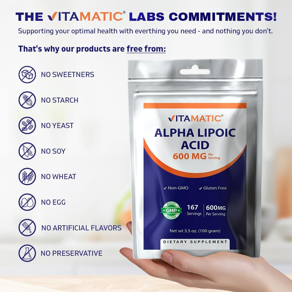 Vitamatic Pure Alpha Lipoic Acid (ALA) 600Mg per Serving - 167 Servings - Non-Gmo & Gluten Free image number 4