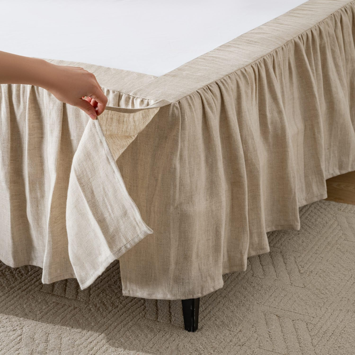 Washed French Linen Bed Skirt, 16-Inch Dust Ruffle, Queen Size 60" W X 80" L, Herringbone Linen, Super Soft, Natural Color image number 5