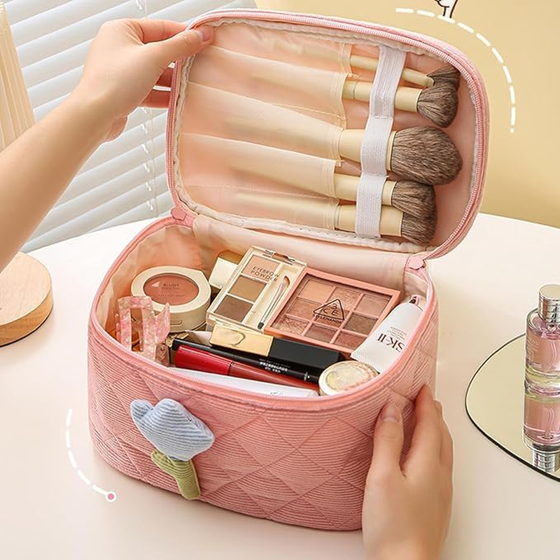 Flower Cosmetic Bag, Kawaii Makeup Bag, Makeup Bag with Floral Pattern, Large Make up Bag Women, Made of Soft Cotton Material, Make up Bag, Cute Beauty Cosmetic Bag for Women and Girls, Pink image number 1