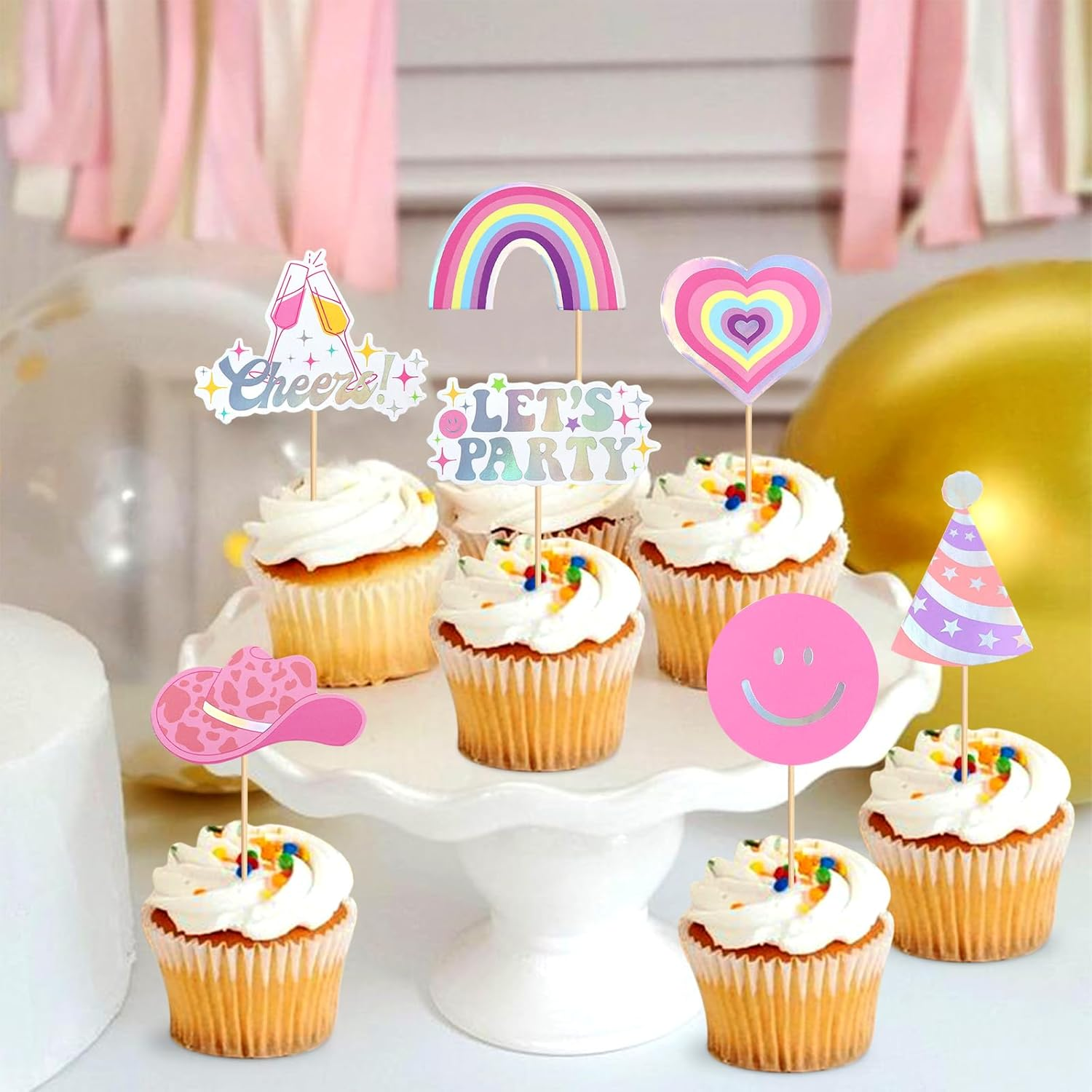 32PCS Let'S Party Cupcake Toppers Cowboy Rainbow Smile Face Heart Cupcake Picks Let'S Go Dance Cake Decorations for Disco Theme Wedding Women Birthday Party Supplies Pink - Pink image number 3