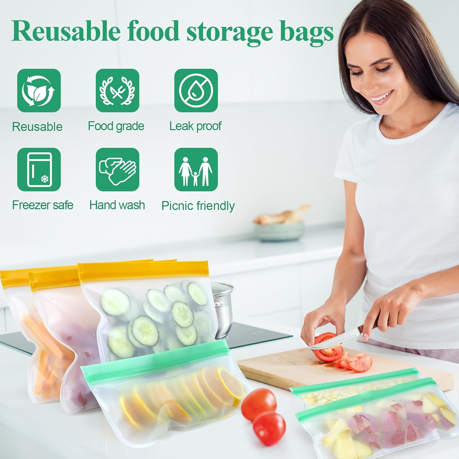 TROUSKAIG Silicone Storage Freezer Bags, 4 Reusable Sandwich Bags + 4 Reusable Snack Bags, Leakproof Food Storage Containers for Picnic, Work, Home Use