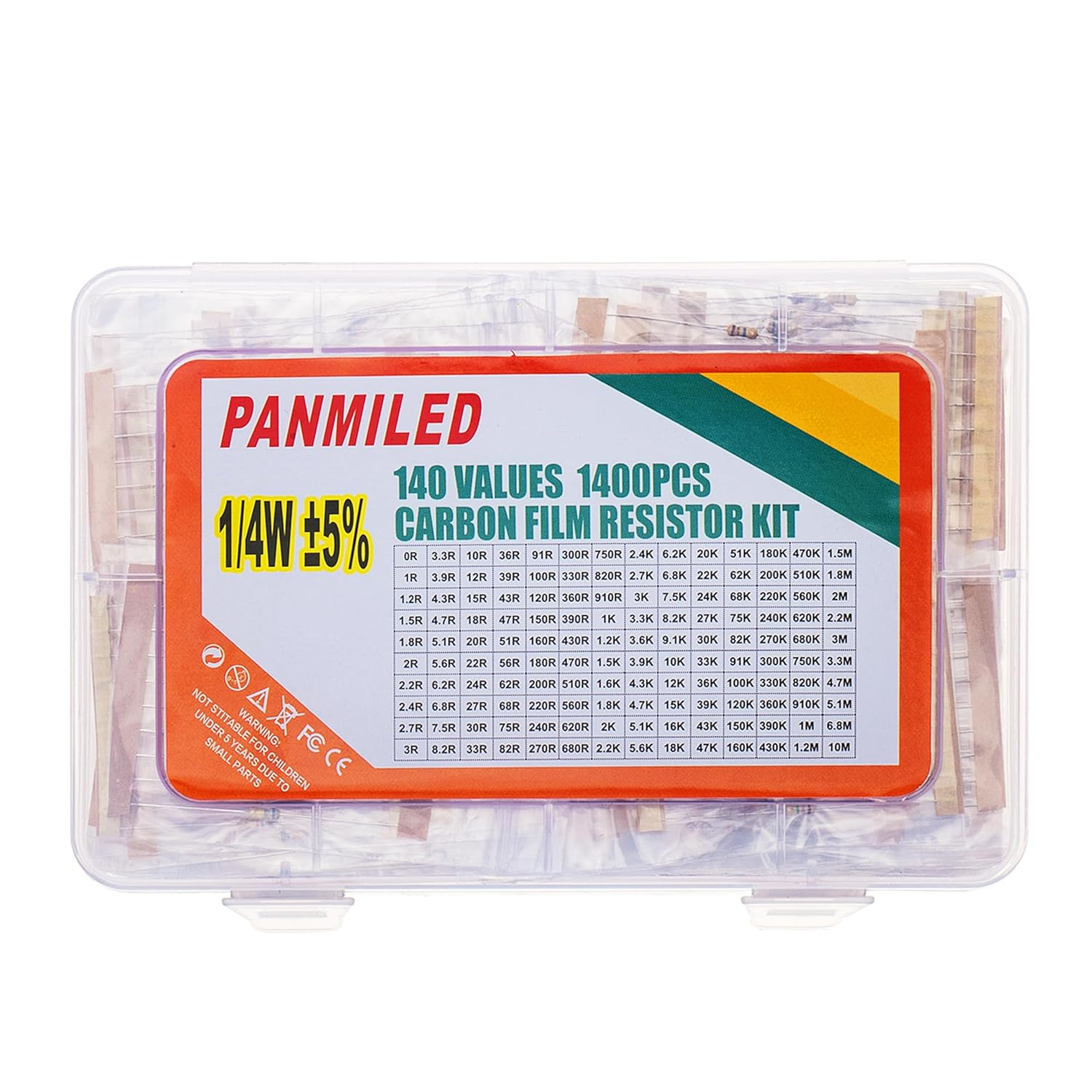 PANMILED 140 Values 1400 Pieces Resistors Assortment Kit 0 Ohm-10M Ohm, 1/4W 5% Carbon Film Resistor Combination Kit, 0.25 Watt Plug-In Resistor Element Packaging image number 2