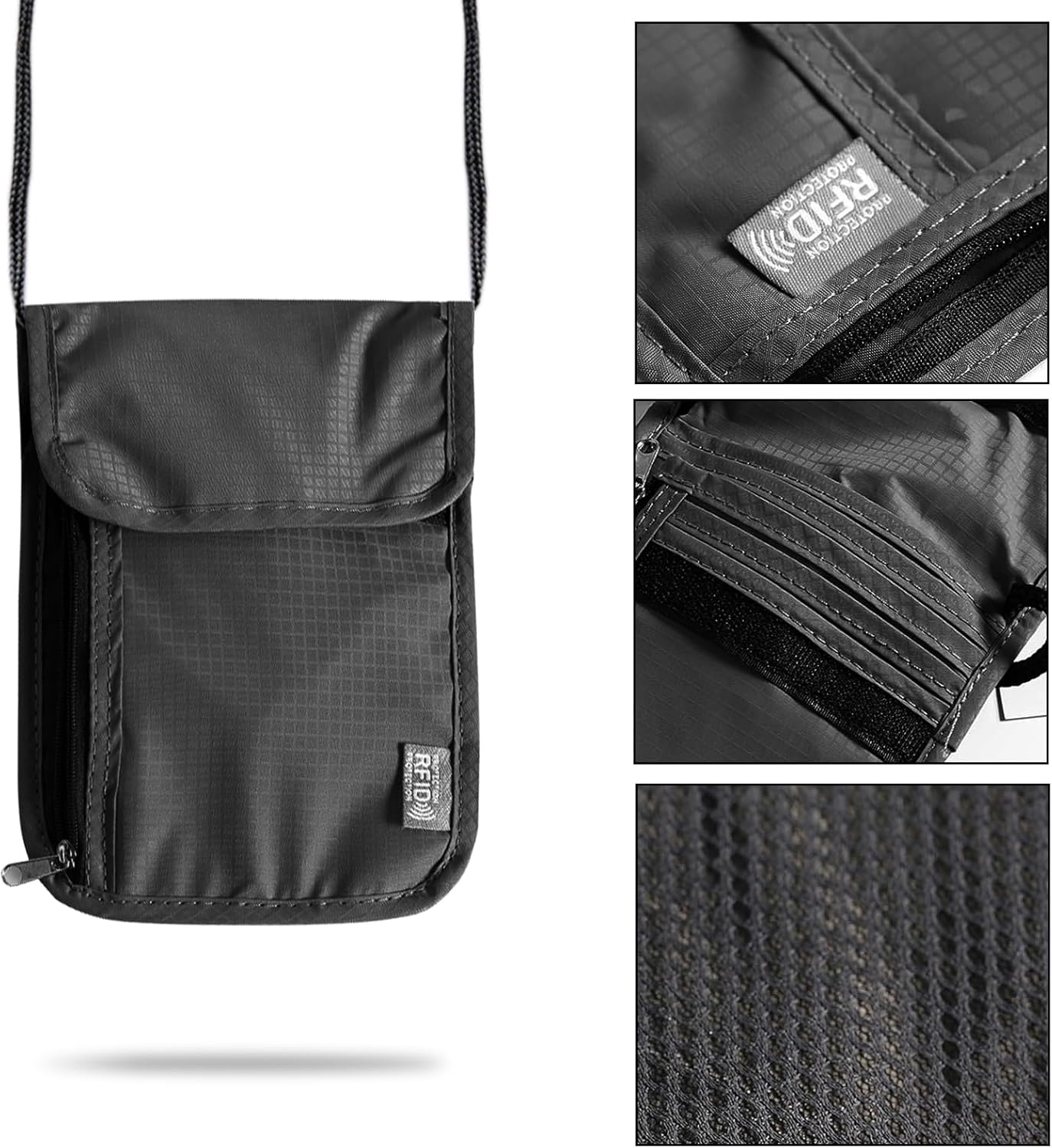 Huotflame Neck Pouch with RFID Protection - Waterproof Nylon Travel Wallet for Passport, Credit Cards & Mobile Phone - Anti-Theft Chest Pocket 19 X 14 Cm Black for Men & Women When Travel image number 5