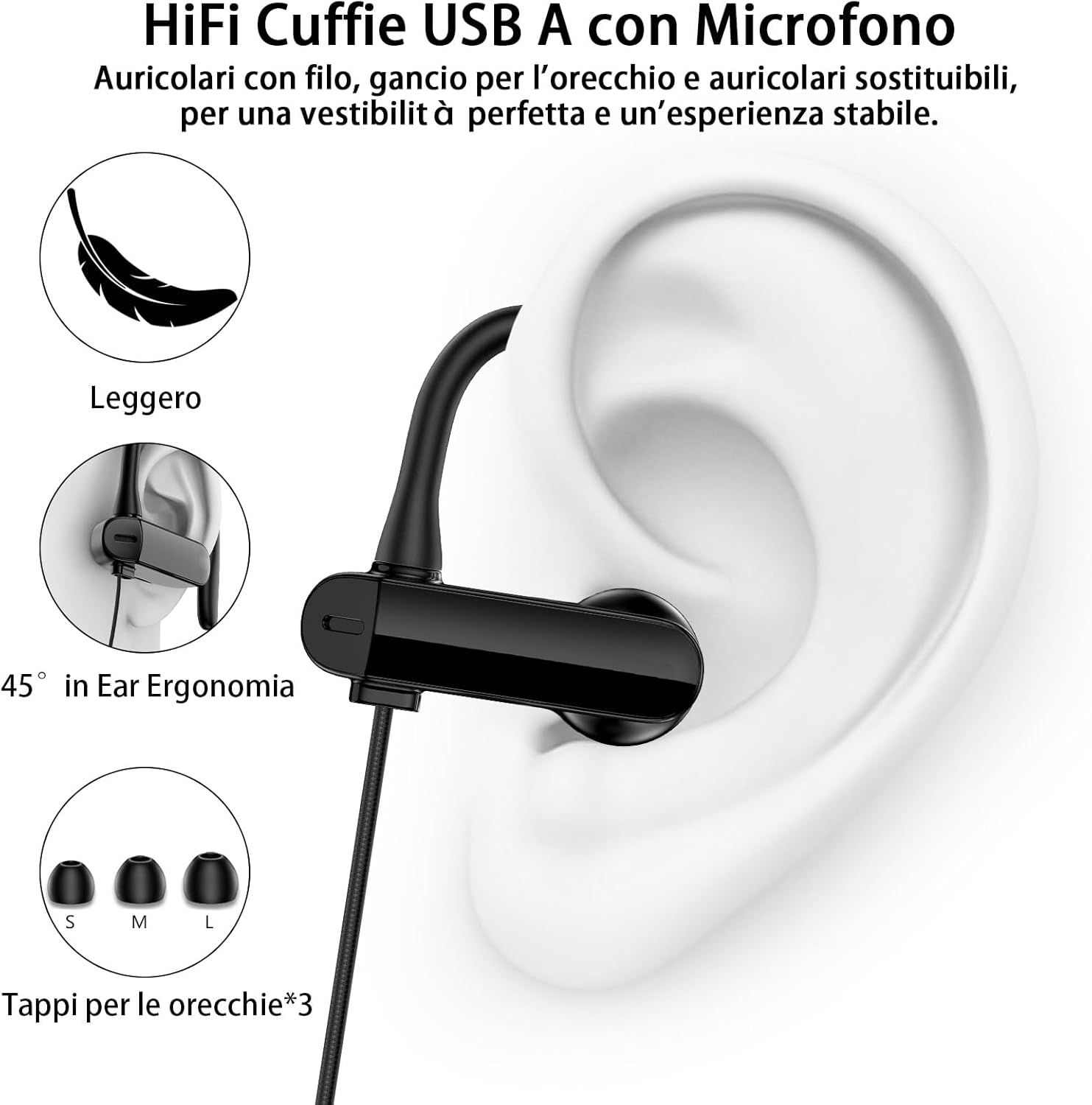 AIAUXAI USB Headphones with Microphone for PC Laptop, Ear Hooks, Volume Control, Noise Reduction, In-Ear USB Headphones with Cable for PS4/5, Macbook, Chromebook for Office, Games, Video, in Line image number 4