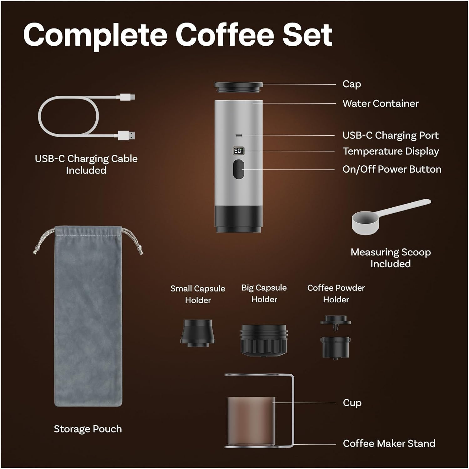 MMOBIEL Portable Coffee Machine, Electric Travel Espresso Machine with Stand, Self-Heating & USB-C - Compatible with Ground Coffee & Capsules for Travel, Camping, Home, Car, Office
