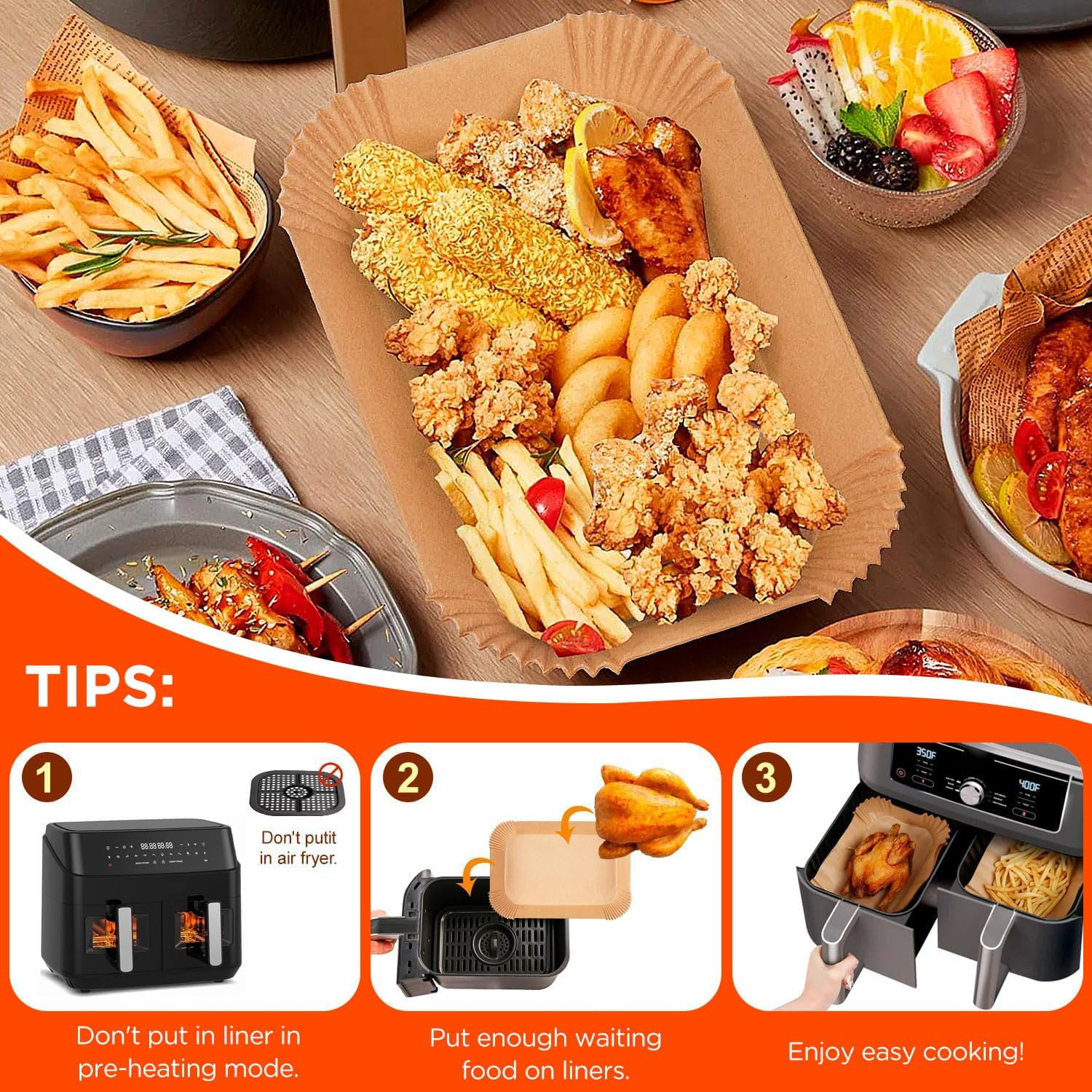 Amxus Air Fryer Paper Liners 100-Pack for Ninja AF400/AF300 & Dual Basket 8QT &ndash; 22Cm X14Cm (8.6"X5.5") Non-Stick Sheets, Unbleached & No PFAS &ndash;Compatible with Ninja Foodi & DZ201 image number 4