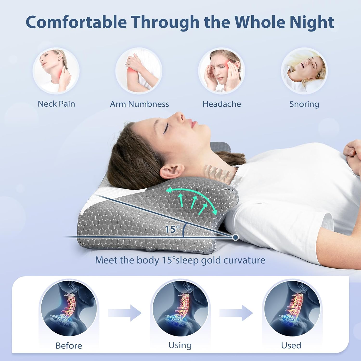 HOMCA Cervical Pillow, Ergonomic Memory Foam Pillow for Neck and Shoulder Pain Relief with Cooling Ice Silk Pillowcase, Orthopedic Neck Bed Pillow for Side, Back and Stomach Sleepers image number 3