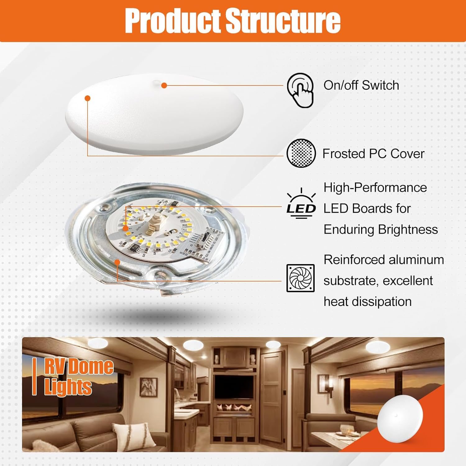 5CCT LED RV Dome Ceiling Lights, On/Off Switch, DC 12V Surface Mount Interior Puck Light for Slim Motorhome, Trailer, Boat, Camper Lighting, 5W, 2700K/3000K/3500K/4000K/5000K, 4.5 Inch, 6 Pack image number 2