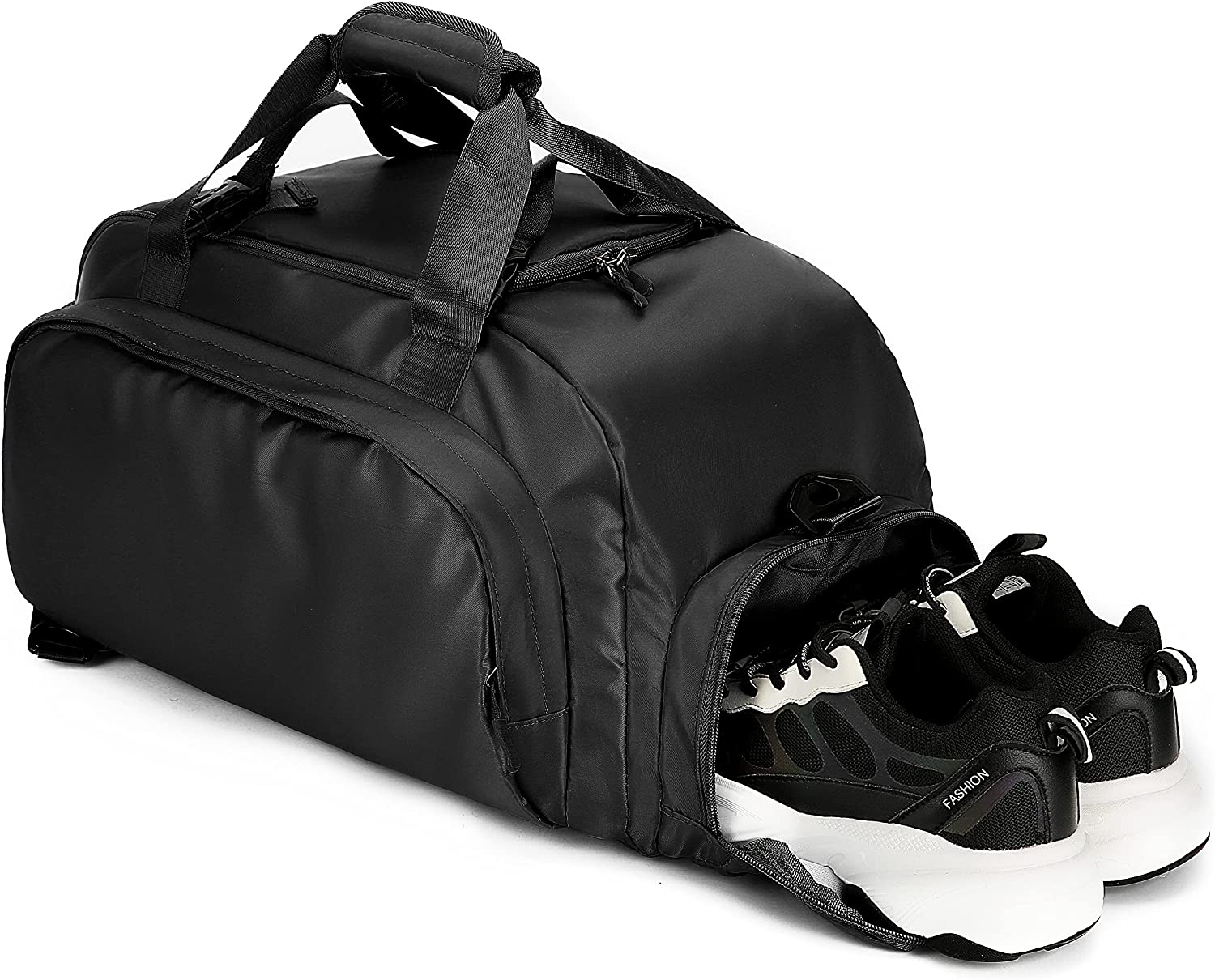 Gym Duffel Bag, Waterproof Sports Gym Bag for Men Women, Weekend Travel Bag, Folded Duffel Bag with Wet Pocket and Shoe Compartment, Sports Duffel Bag, Black image number 6