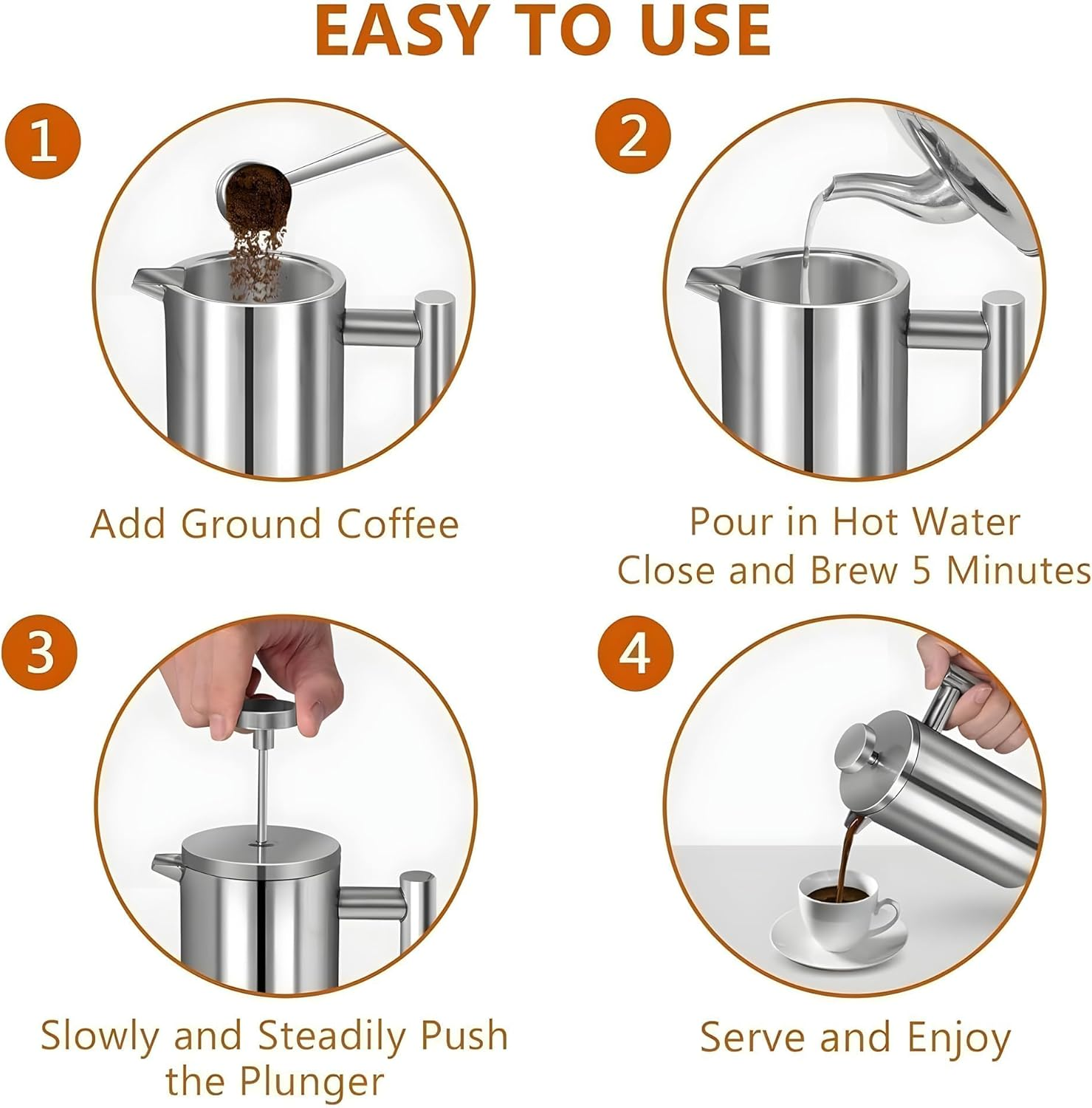 WORBIC French Press Coffee Maker, 34 Ounce Double-Wall Insulated Stainless Steel, 3 Level Filtration System with 3 Extra Filter Screens, French Press for Home, Camping and Office, Silver image number 3