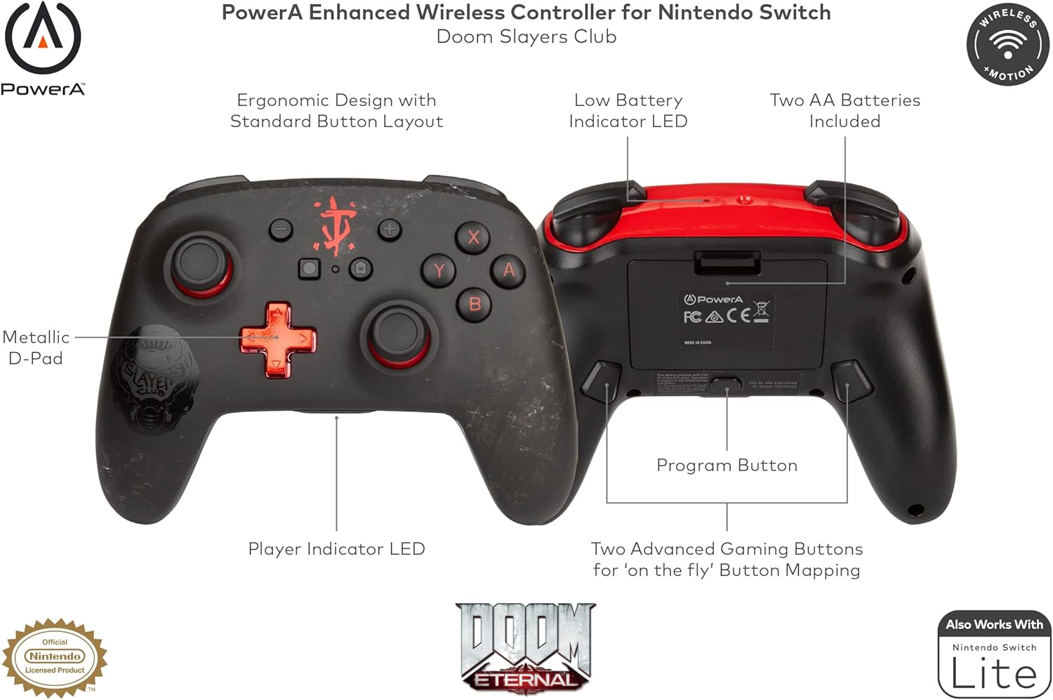 Powera Enhanced Wireless Controller for Nintendo Switch - Doom Slayers Club, Switch Lite, Gamepad, Bluetooth, AA image number 6