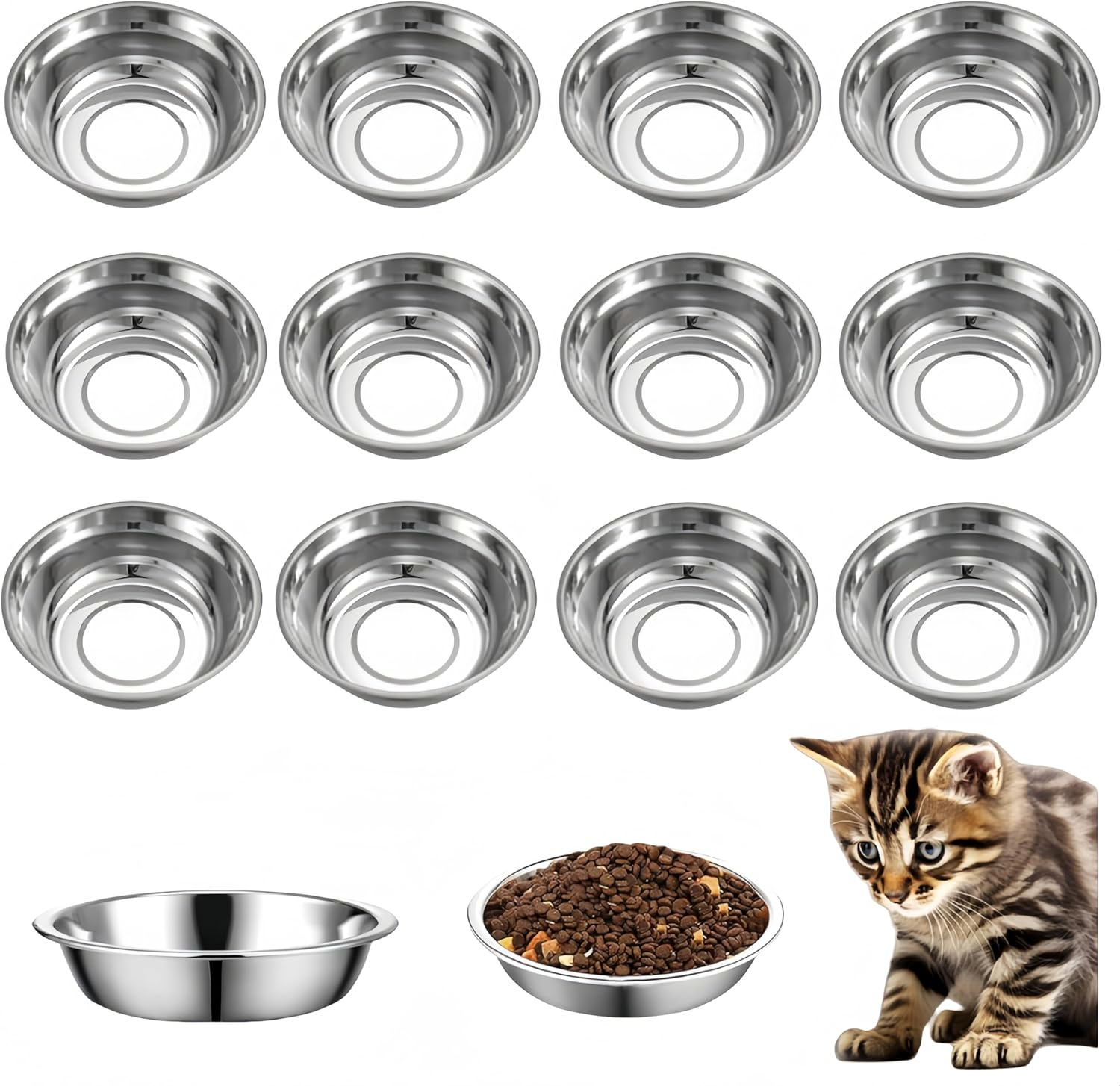 12Pcs Cat Bowls, Ai-Oumleef Cat Food Bowl,Stainless Steel Cat Bowls, Replacement Basic Cat Plates for Elevated Stand, Shallow Wide Flat Food Bowls Stainless Steel,For Small Dogs and Cats image number 2