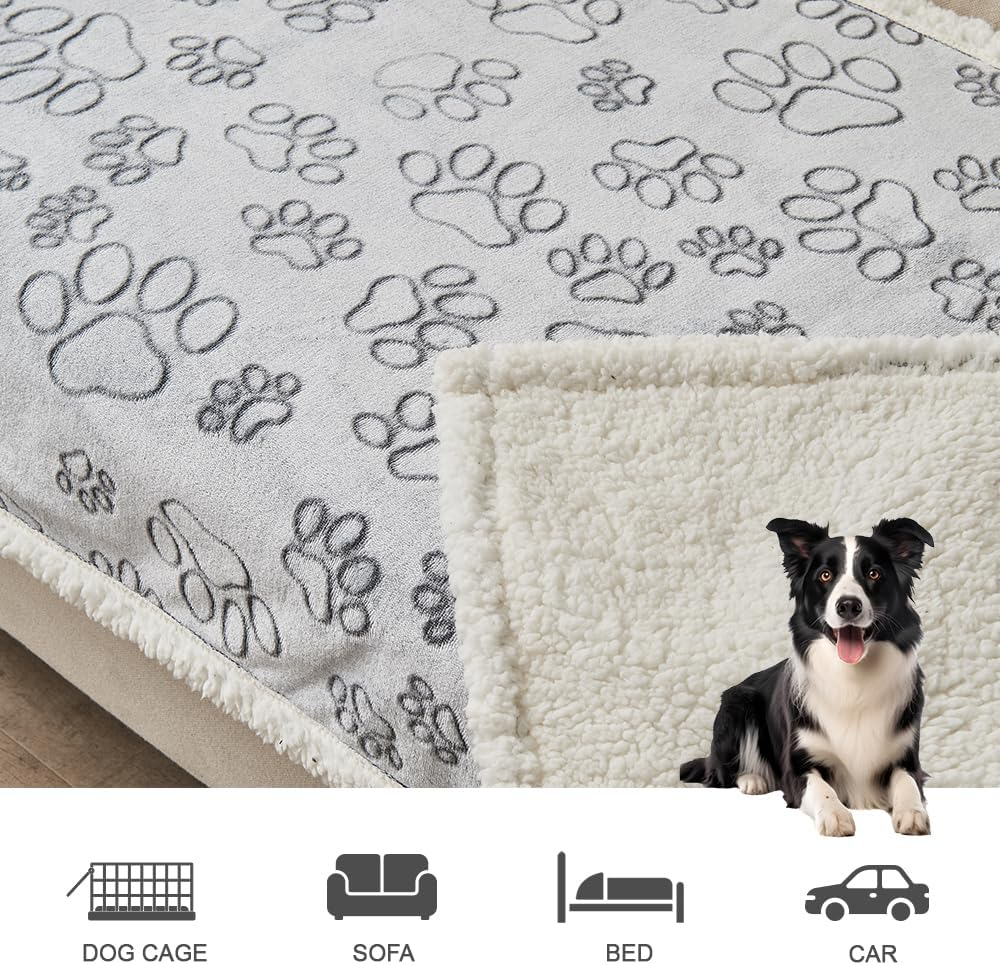 Qeils Dog Blankets for Large Dogs - Waterproof Pet Blanket Washable - Sherpa Fleece Puppy Blanket, Soft Plush Reversible Dog Blanket for Bed Couch Car Sofa, 50"X60", Grey Paw Print image number 2