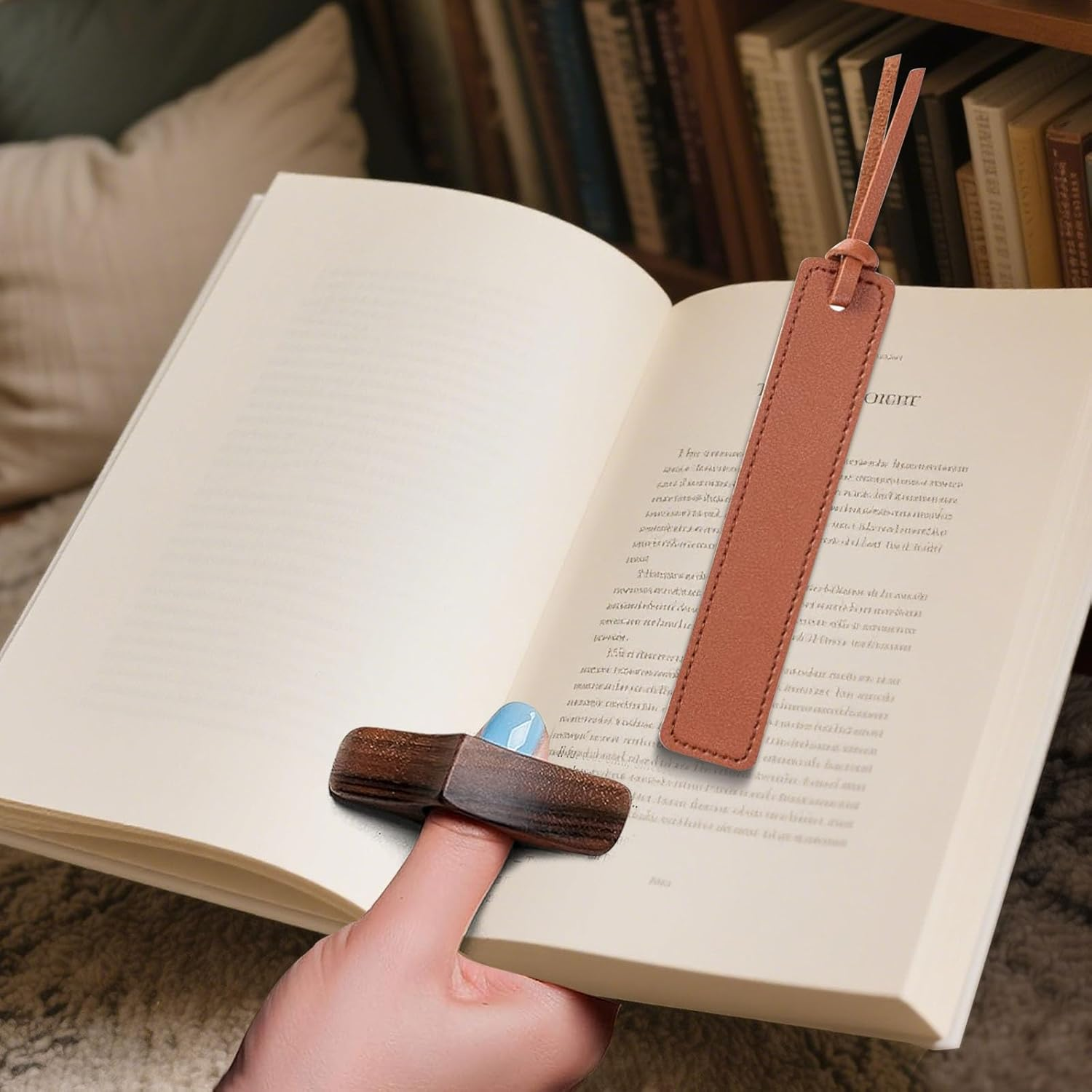 2 Pcs Thumb Book Page Holder & 2 Leather Bookmarks - Comfortable Reading Accessories for Book Lovers, Reading in Bed - Bookworm & Literary Gifts