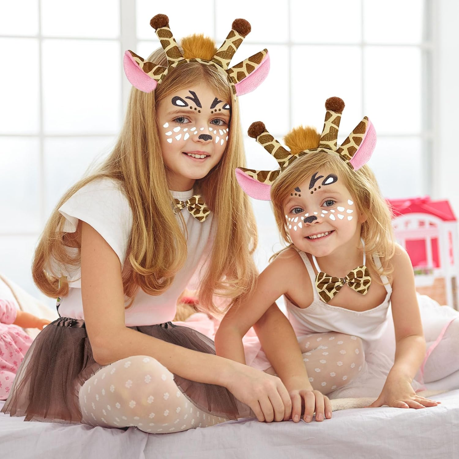 SAIIURV 5 Pieces Giraffe Headband Costume, Halloween Deer Ears Headband Bowtie Tail Deer Face Tattoo Stickers Girls Princess Tutu Skirt, Animal Costume Party Fancy Dress up for Kids Girls image number 4