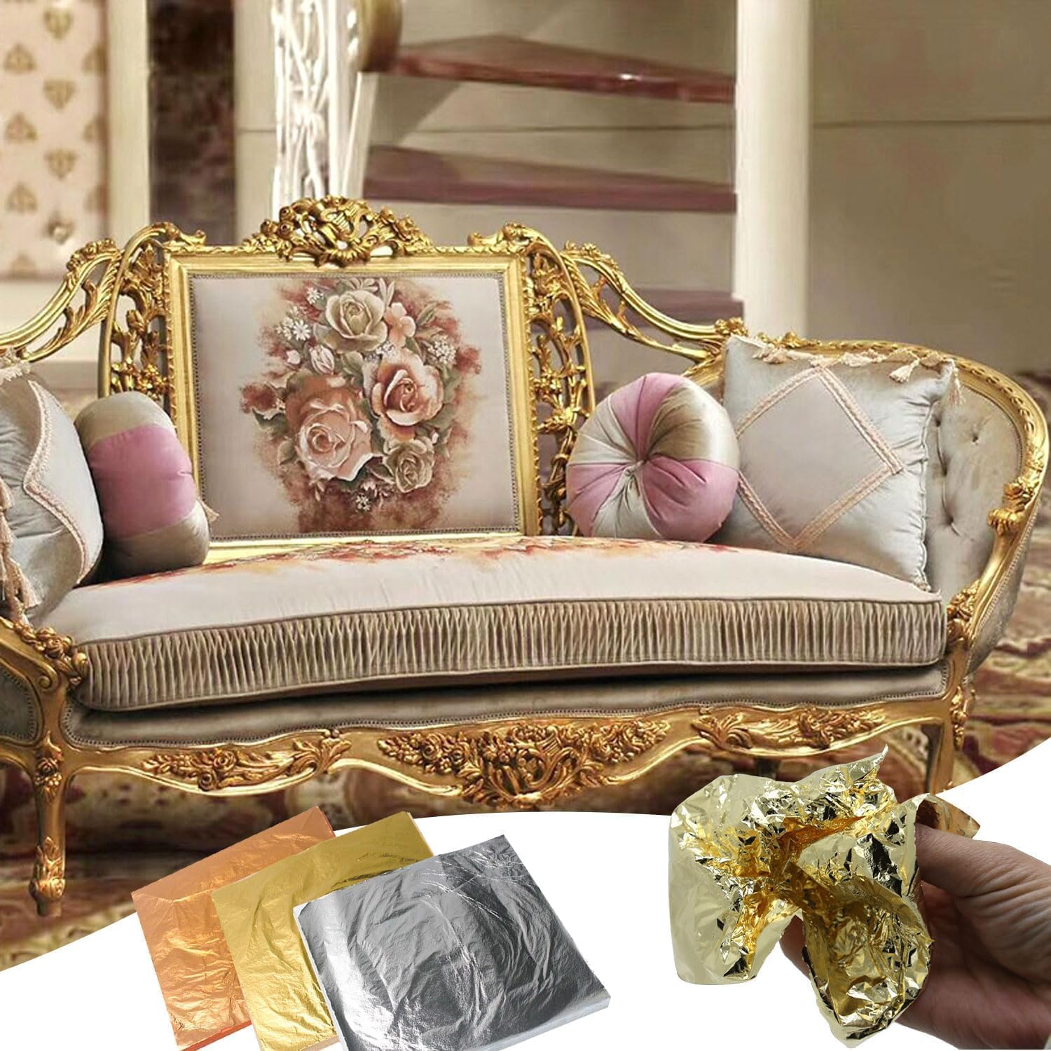 150Pcs Gold Foil Sheet with Tweezer and Brush,Imitation Gold Foil Sheet with Tweezer and Brush,Rose Gold Silver Gold Foil Sheet with Gilding Brush Tweezer,Foil Paper Art Gold Foil Sheet with Tweezer image number 5