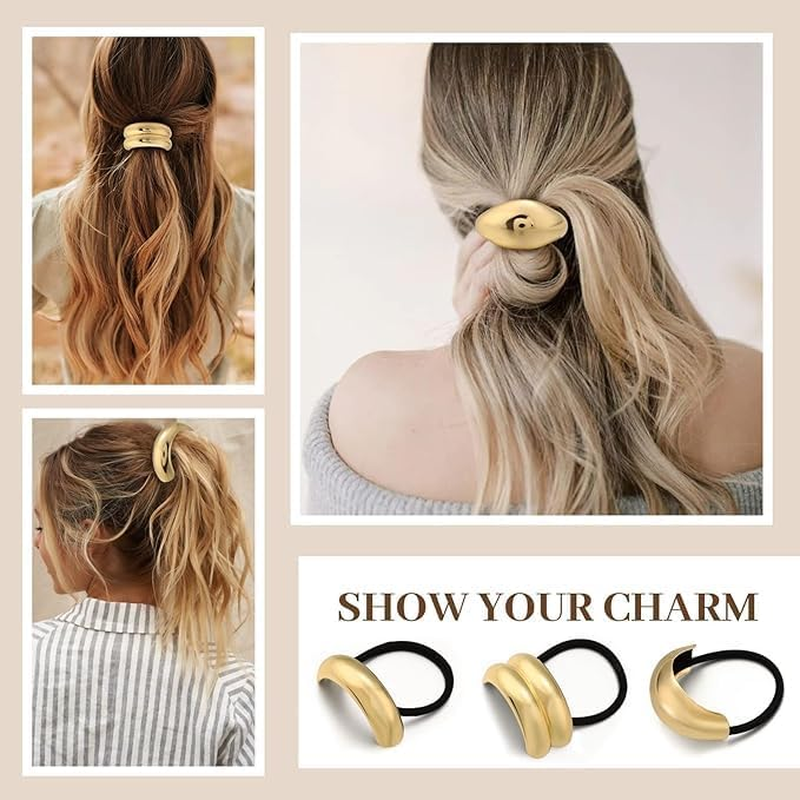 Shoyisenka 3 Pcs Gold Metal Hair Cuffs, Geometric Ponytail Cuff & Elastic Hair Ties, Stylish Hair Bands for Women & Girls, Perfect for Party, Wedding & Daily Use image number 6