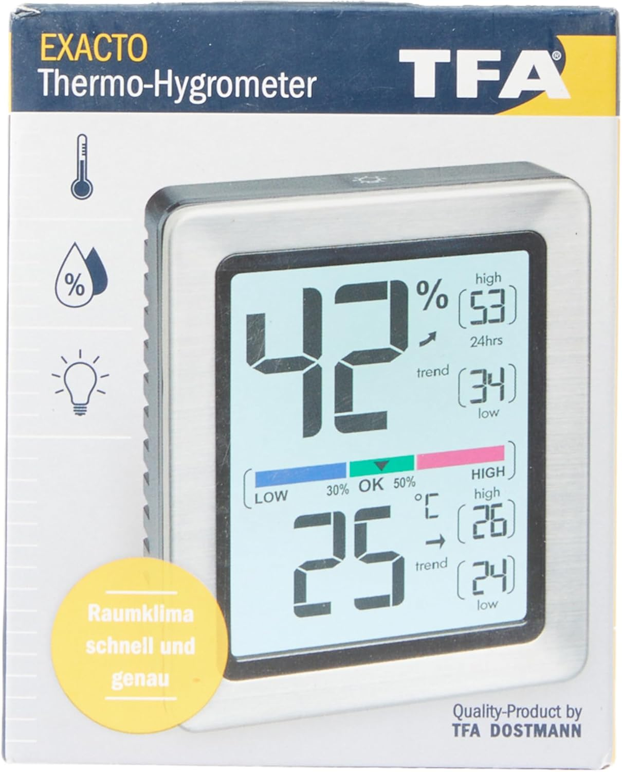 TFA Dostmann Exacto Digital Thermo-Hygrometer, 30.5047.54, Humidity, Temperature, Healthy Living Climate, Especially Accurate with Precision Sensor, L 74 X W 26 (48) X H 90 Mm image number 4