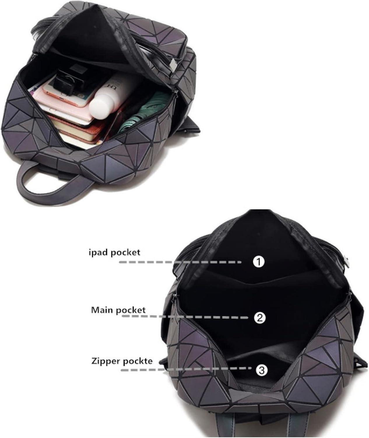 Women Luminous Backpack Fashion Geometric Diamond Travel Shoulder Bag Folding Female Student School Shine Backpack image number 2