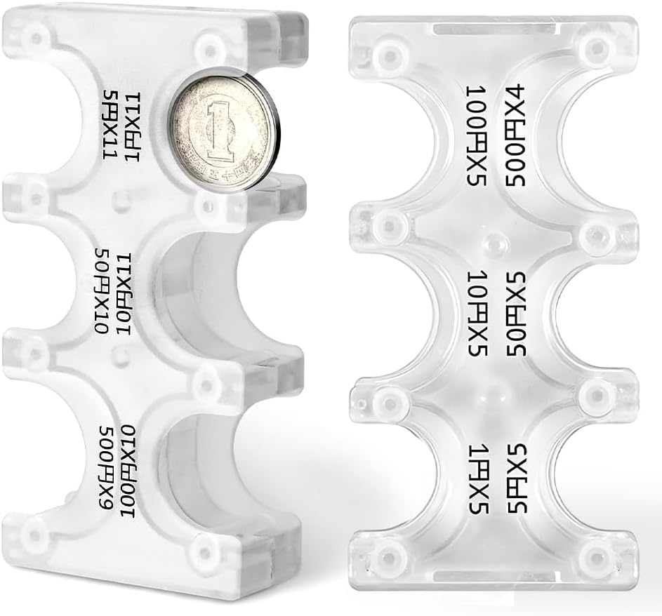 Japanese Yen Coin Holders Hard Case Organizer, Portable Coin Dispenser with 6 Slots Rectangle Plastic Coins Sorter Collection Wallet for Travel Car Coins Storage (Black +Transparent)