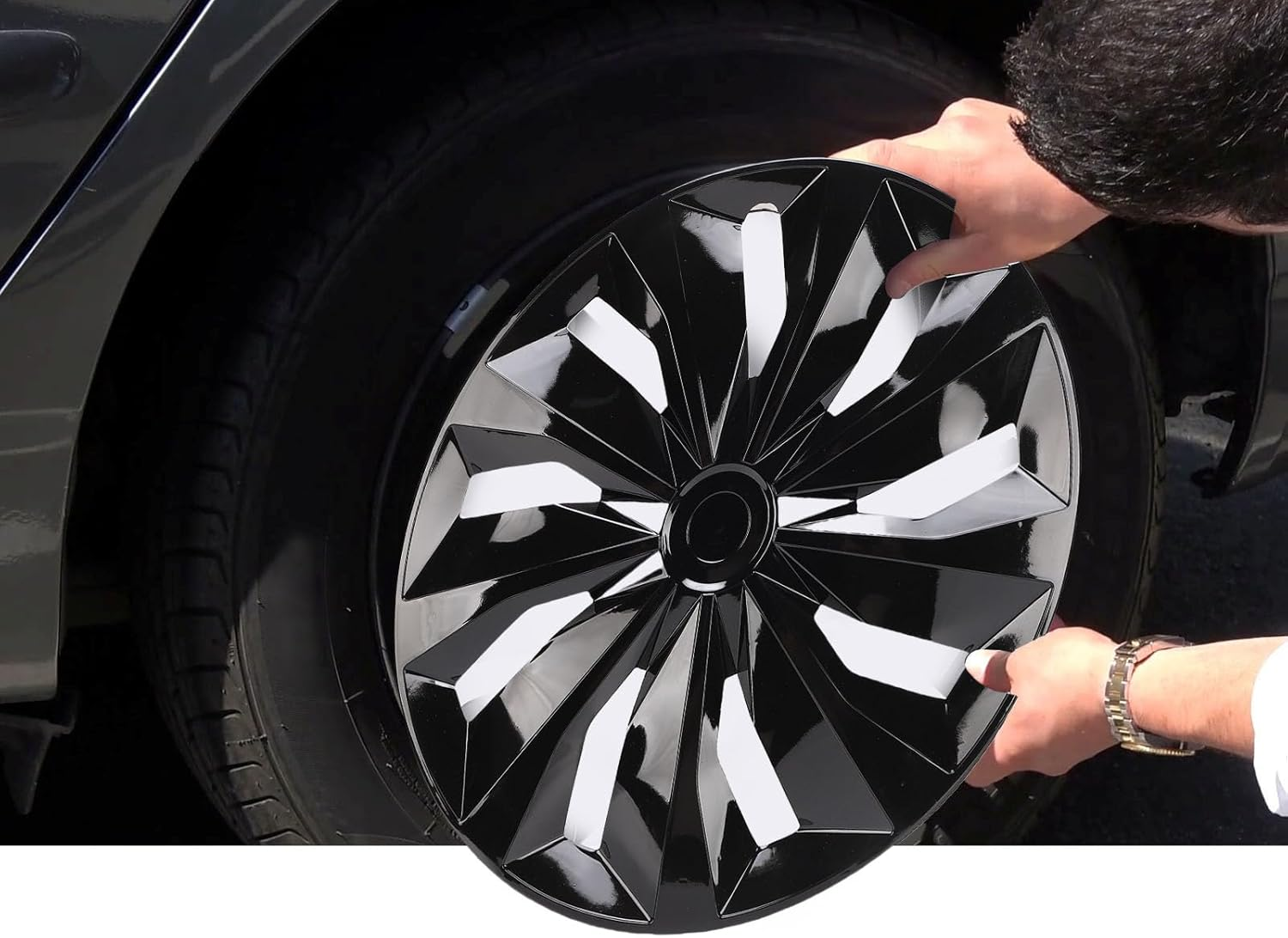 Jiawu 15 Inch Hubcaps Set of 4, Automotive Wheel Tire Covers Accessories, Wheel Hub Caps for Cars, Trucks, SUV, ABS, Quick Installation, Universal Fit on Any 15 Inch Steel Wheel (Black)