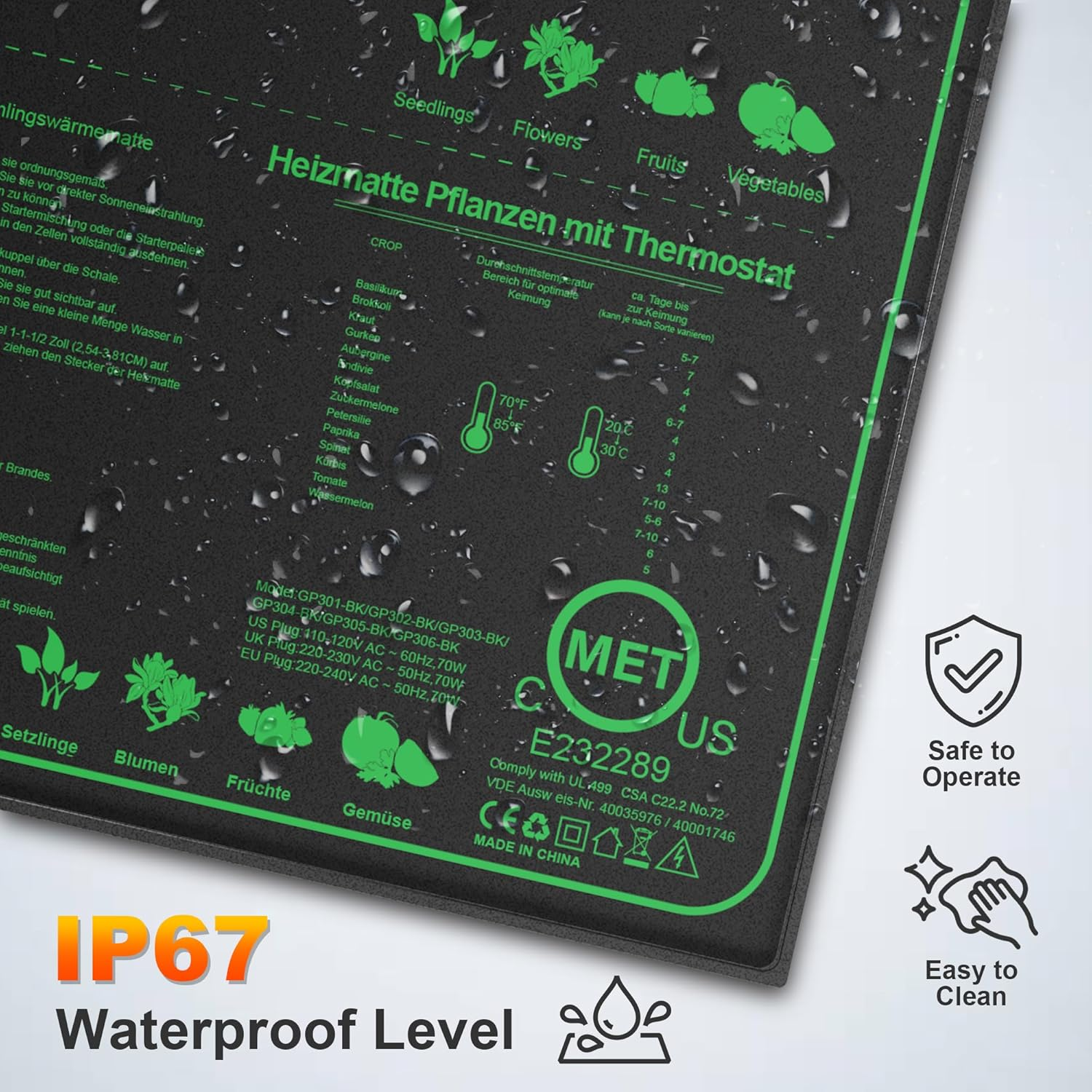 Mojimdo 70W Heating Mat Plants with Thermostat - Quick Heating, Fire Protection, Heat Mat for Germination and Temperature Regulation, Ideal for Seedlings, Pets and Reptiles 50 * 50Cm - 2 Pack image number 6