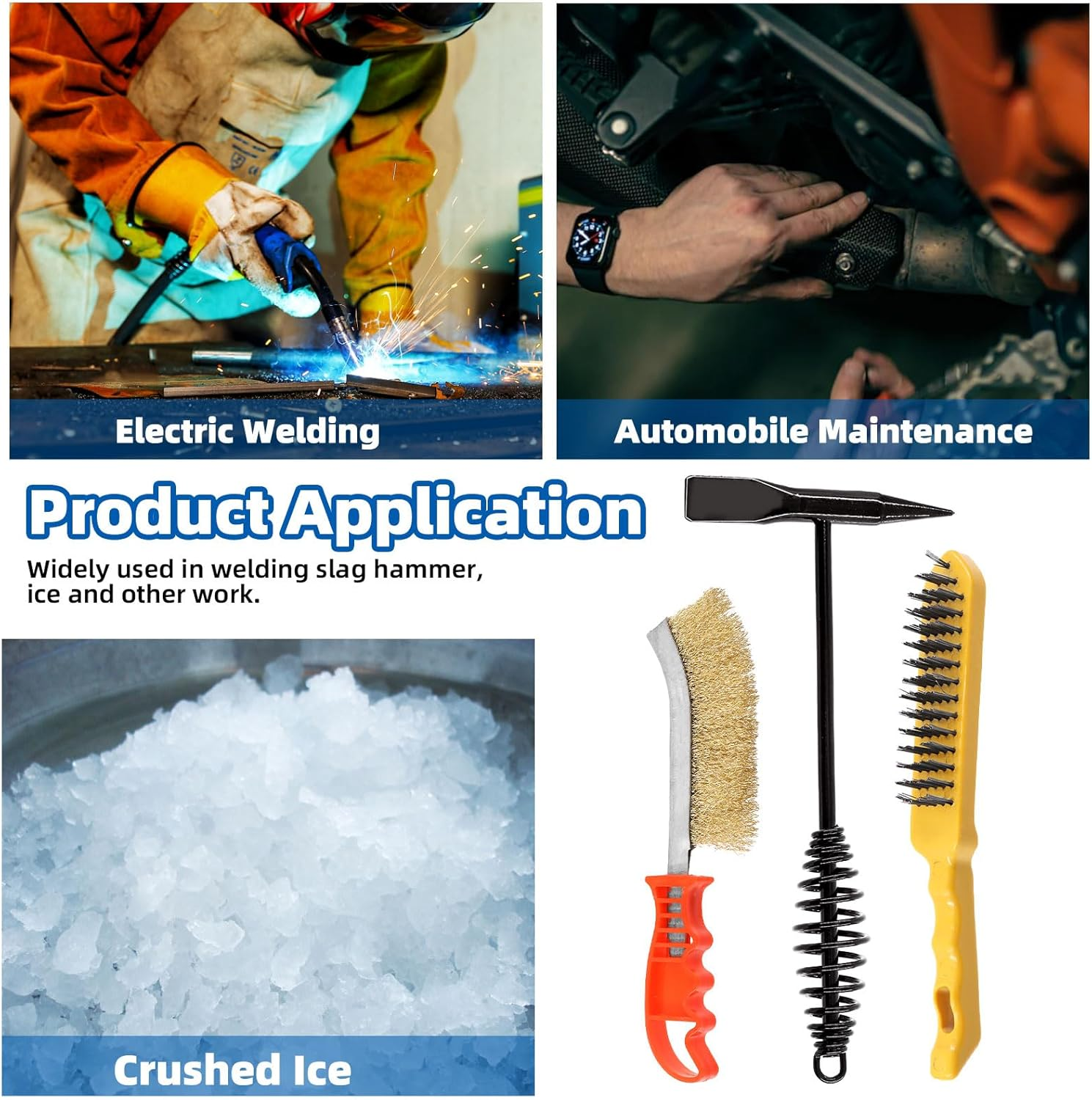 Glarks 3Pcs 500G Welding Chipping Hammer with Steel Wire Brush and Wire Scratch Brush Kit, Welding Hammer Slag Removal Tool with Coil Spring Handle, Cone and Vertical Chisel for Removing Slag image number 5