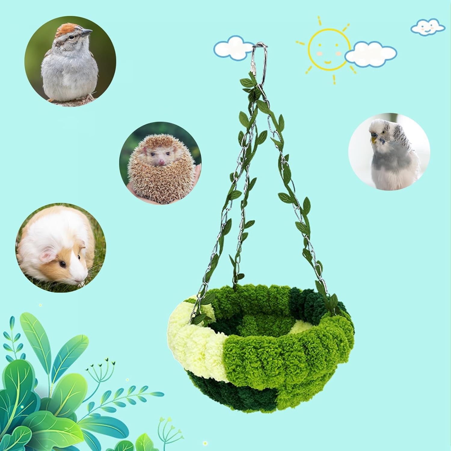 Green Plush Bird Hammock，Warm Nest，Parrot Bed Bird House，Long Tailed Parrots Breed Bird Cage Suitable for Birds, Sparrows, Hamsters, and Small Pets（32 * 17 * 2.5 Cm） image number 1