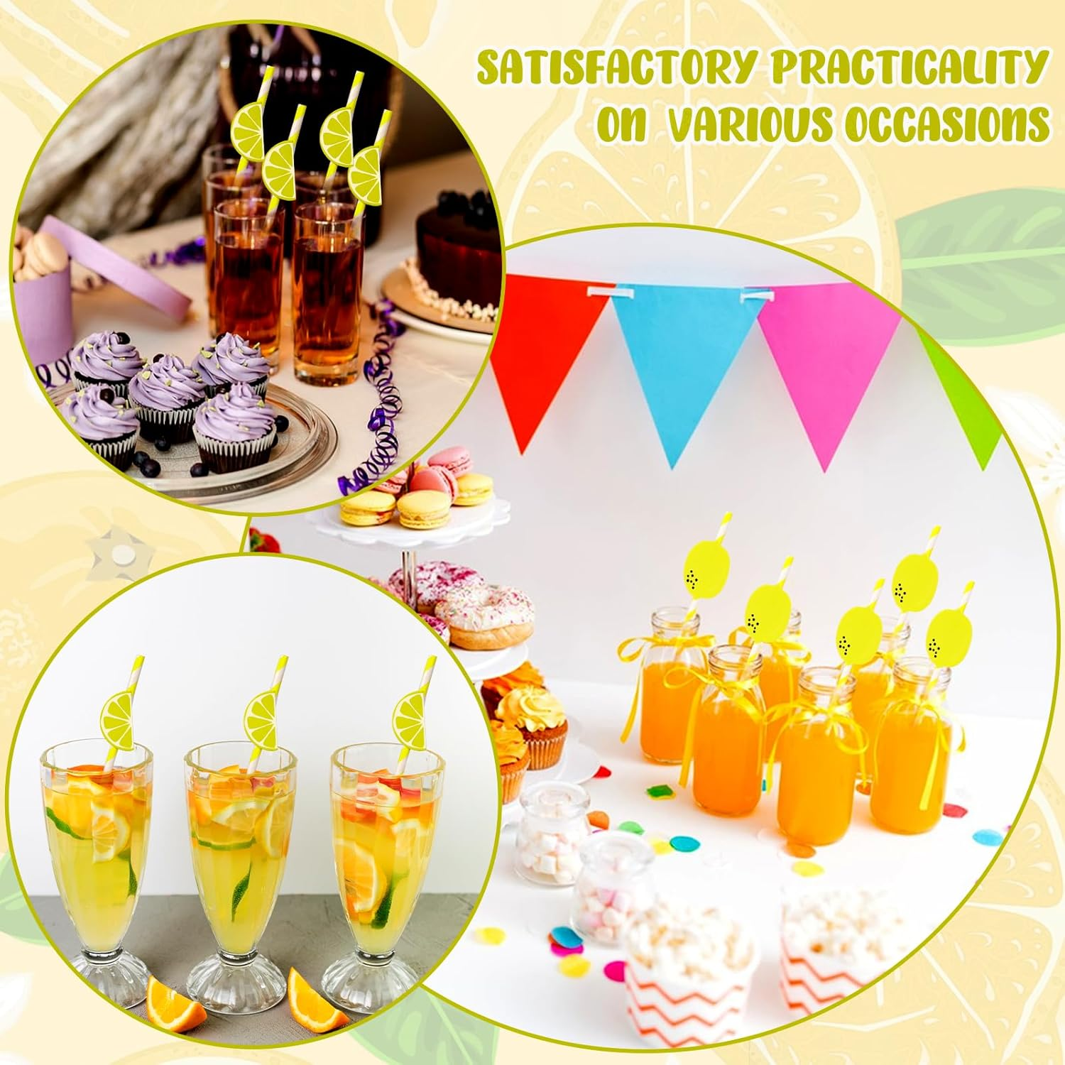 Pack of 20 Lemon Decorative Paper Straws, Paper Cocktail Straws, Disposable Biodegradable Natural Paper Drinking Straws for Christmas, Celebration Parties, Wedding, Cocktail image number 3