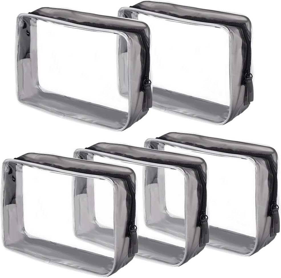 Wobe 5 Packs Clear Cosmetics Bag TSA Approved, PVC Zippered Toiletry Carry Pouch Portable Makeup Bag for Vacation Travel, Bathroom and Organizing Waterproof Makeup Vinyl Case, Transparent, Medium