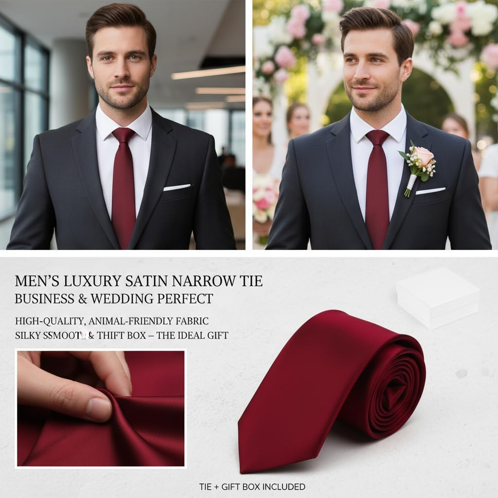 Mens Red Tie, Burgundy Skinny Tie, Satin Fabric Necktie for Business and Wedding, Red Wine Tie, 59X2.4X1.4 Inches, Compatible with Various Occasions, Ruibex image number 3