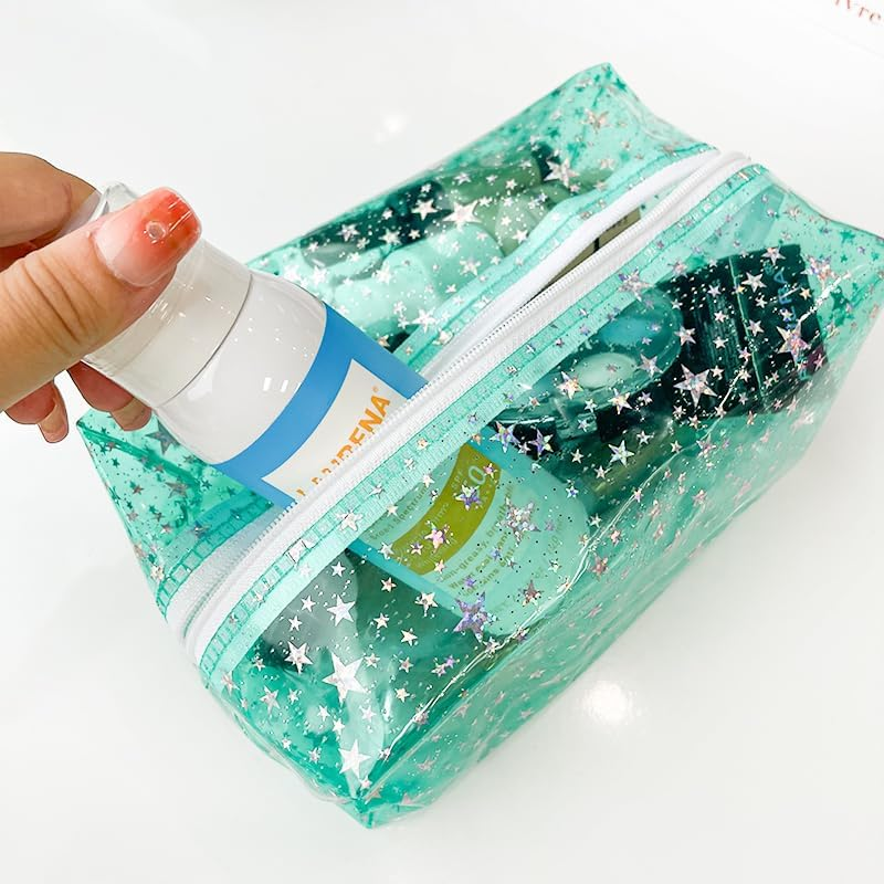Toteprint 2 X Transparent Cosmetic Bag, Glitter Star Pattern, 20 X 10 X 9 Cm, Turquoise Cosmetic Bag with Zip for Men and Women image number 4
