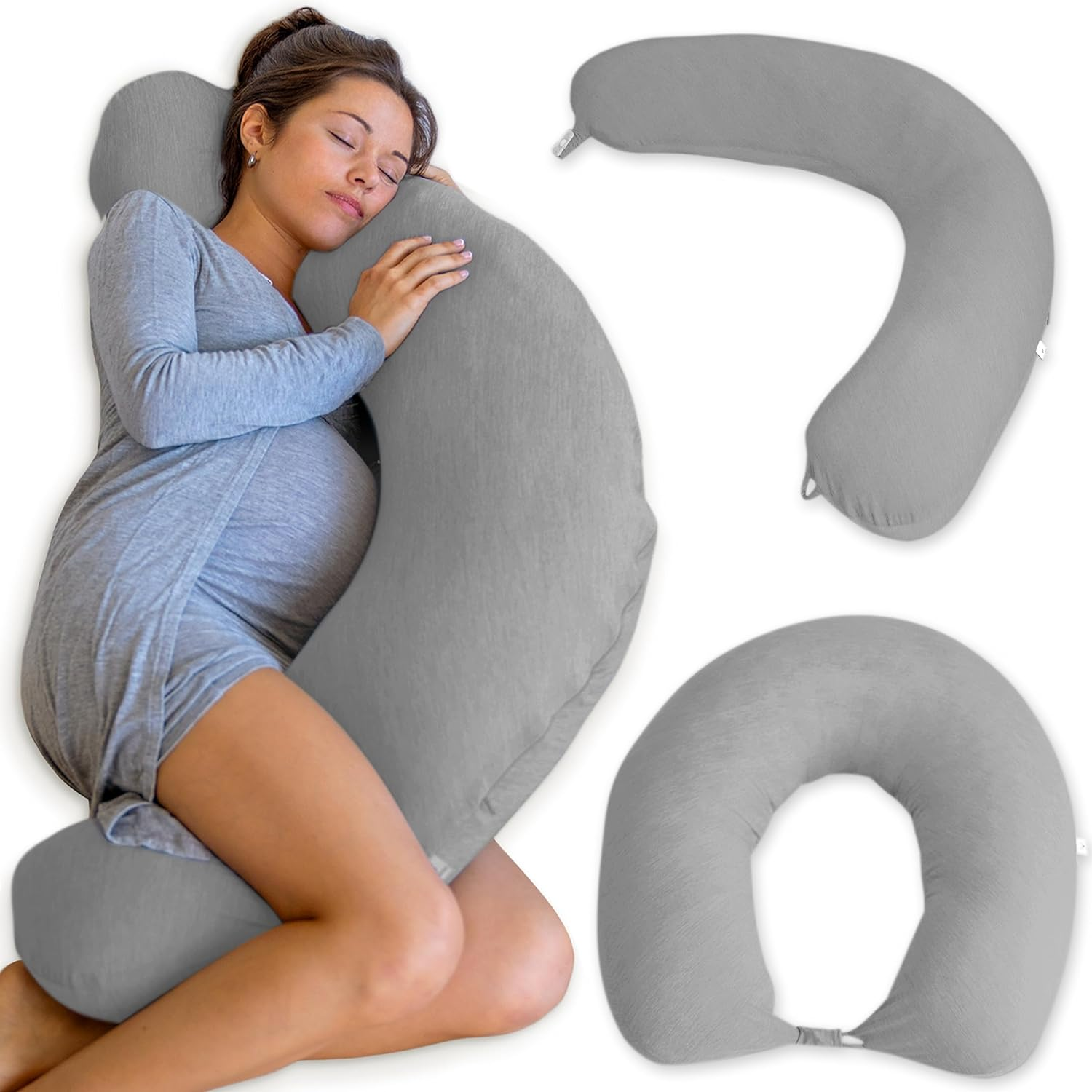 Pharmedoc Pregnancy & Body Crescent Pillow, Maternity & Nursing Pillow, Full Body Support, Machine Washable Cover, Grey Cotton, Regular (39X9X5 Inches) image number 2