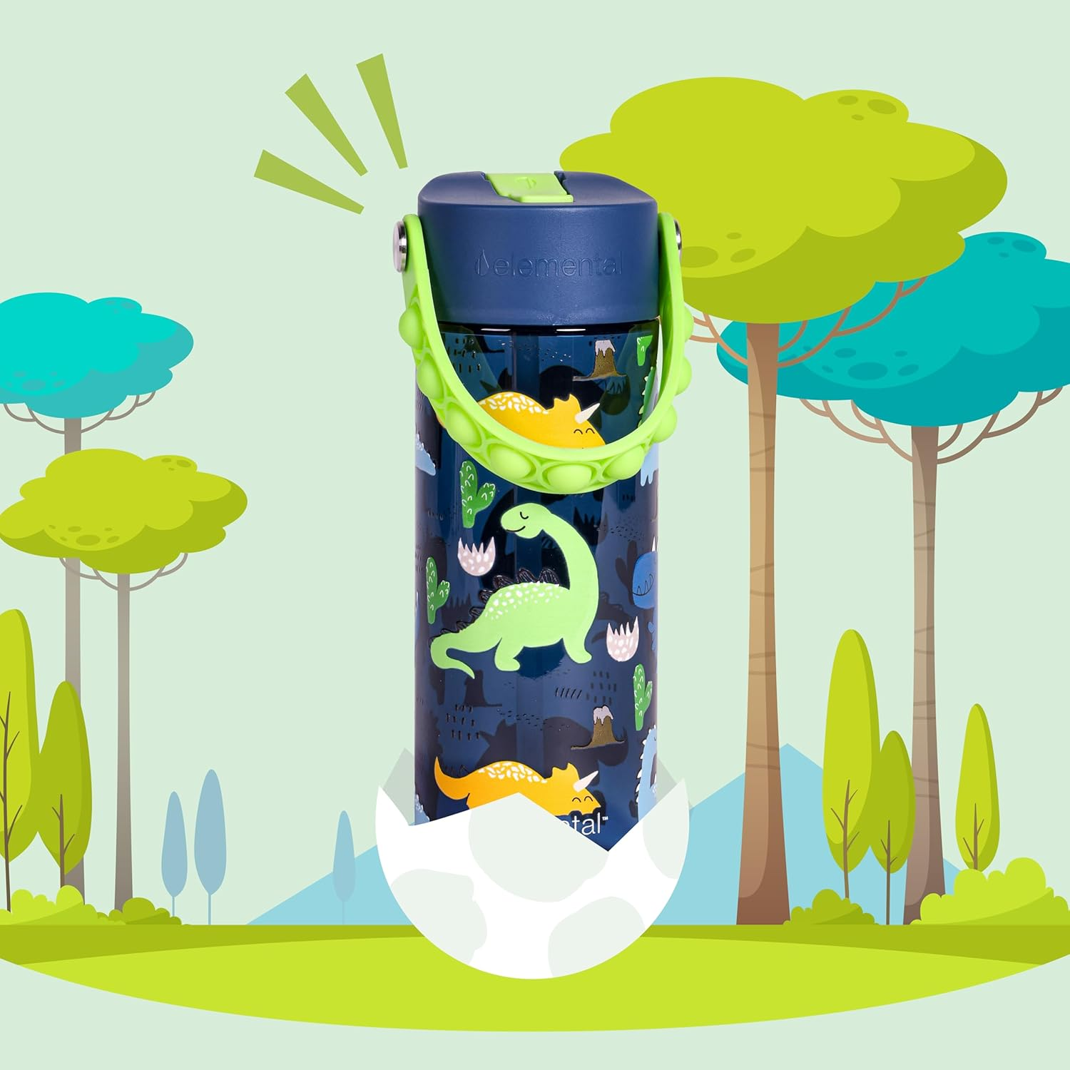 Elemental Kids Water Bottle - Leak Proof School Bottle with Straw & Pop-It Handle - Reusable Plastic Water Bottle - BPA Free, Dishwasher Safe Drink Bottle for Boys & Girls - 532Ml - Dinosaur - Black image number 3