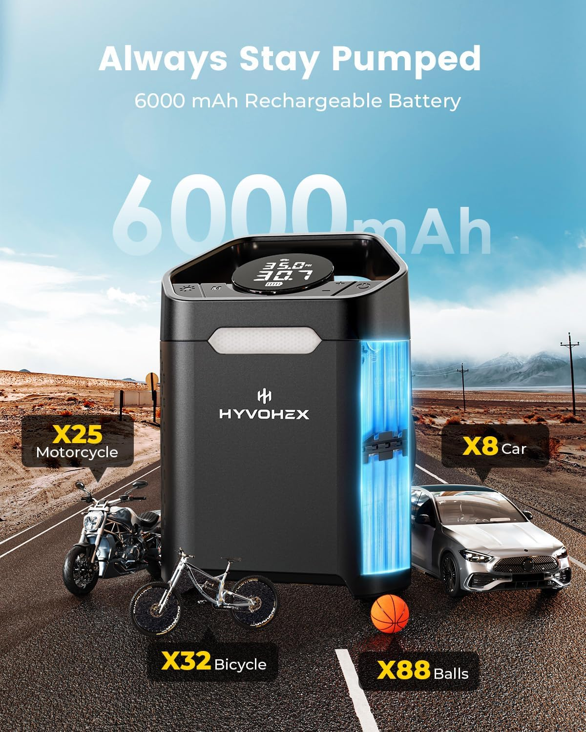 HYVOHEX Tyre Inflator Portable Air Compressor, 1 Min Fast Inflation Cordless Air Pump for Car Tyres with Digital Pressure Gauge, 160 PSI Electric Air Pump with LED Light for Car, SUV, Bike,Ball image number 2