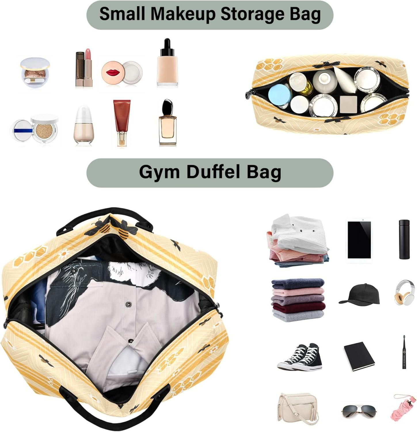 Caihoyu Large Bag Workout Bag Travel Weekender Gear Bag with Adjustable Strap for Trekking Waterproof Bees Honeycombs and Sunflowers, Multi, One Size, Multi, One Size, Modern/Fitted image number 1