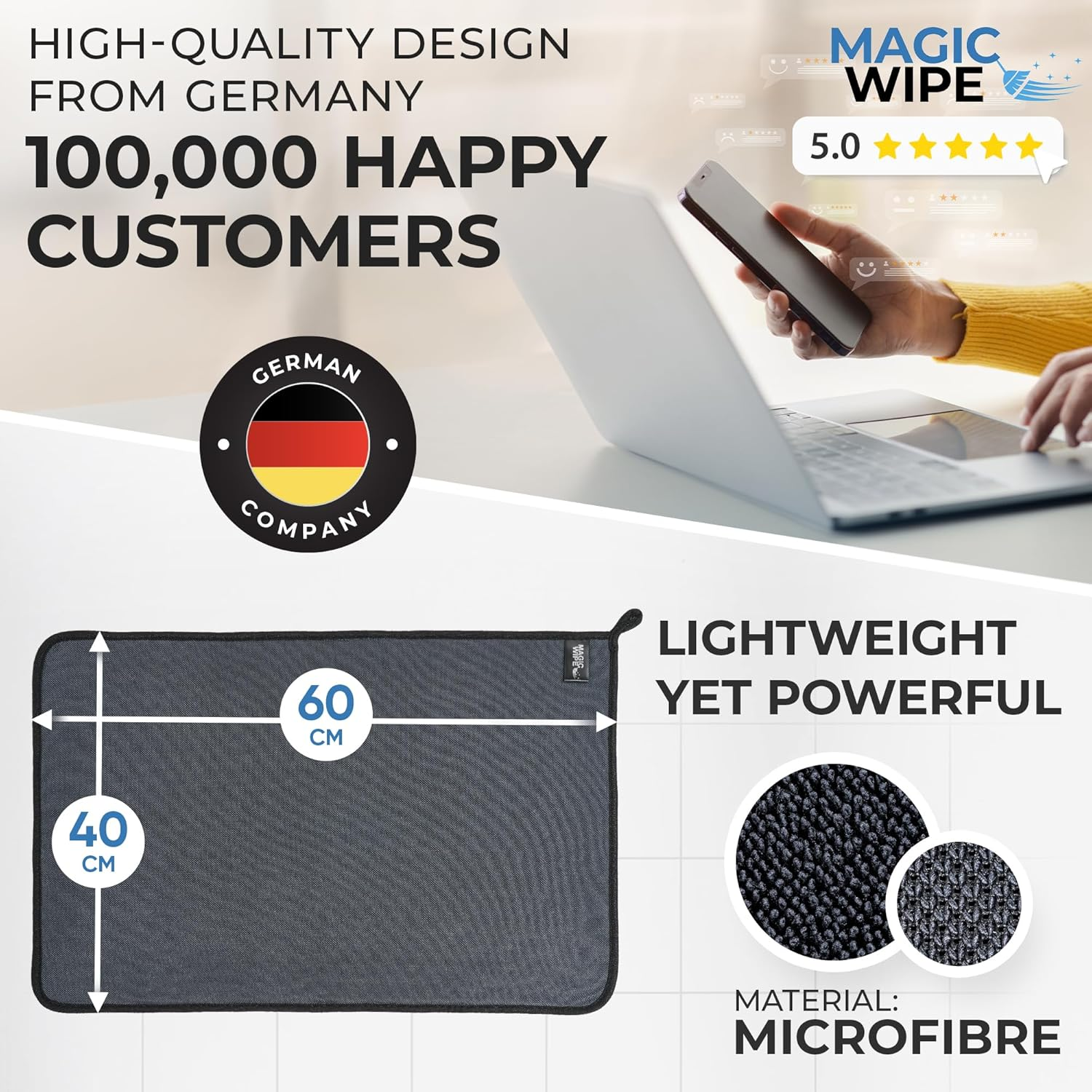 MAGIC WIPE&reg; Bathroom Drying Cloth XXL - 4 Pack 40 X 60 Cm Original All Purpose Microfibre Cleaning Cloth - Streak & Lint Free Cloth, Premium Quality Drying Towel for Bathrooms, Kitchen, Mirrors, Car image number 1