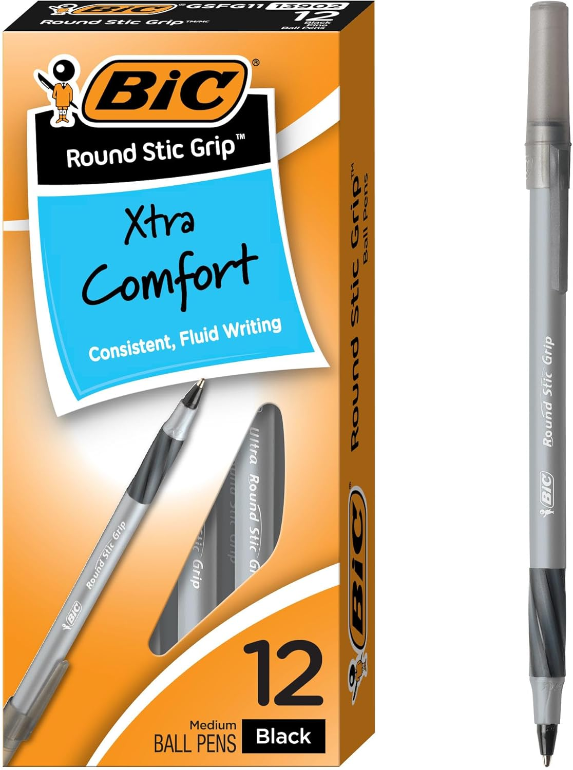 BIC round Stic Grip Xtra Comfort Ball Pen, Medium (1.2 Mm), Black, 12-Count image number 5