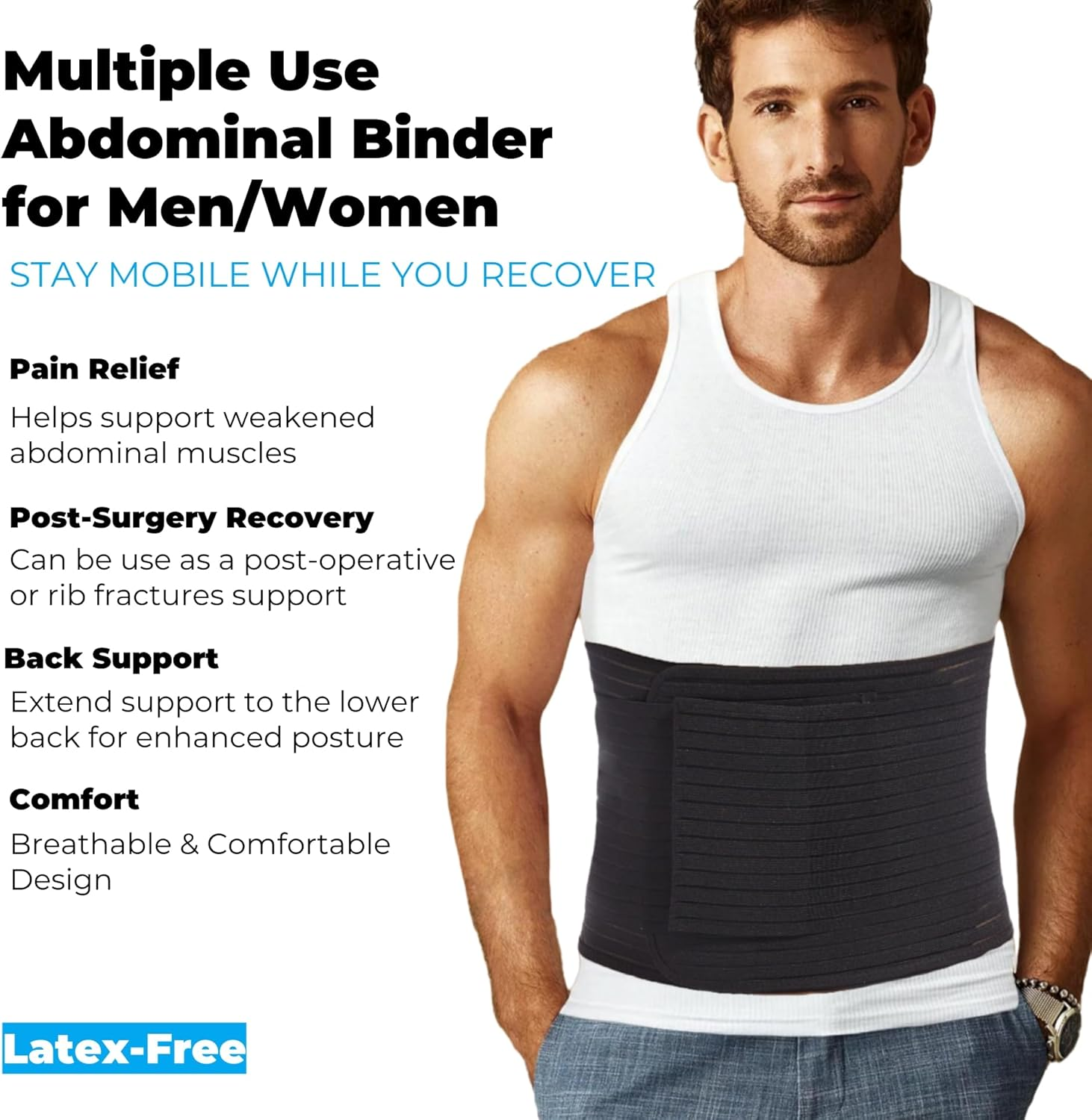 Reian Men'S Abdominal Binder for Post Surgery,Compression Wrap Abdomen Waist Support Belt for Hernia Tummy Tuck image number 5
