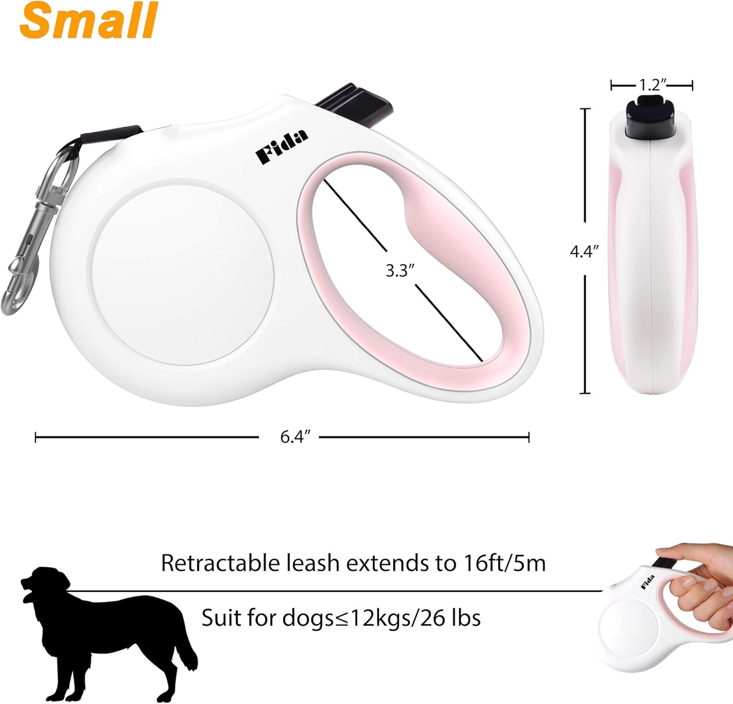 Fida Retractable Dog Leash for Small Breed up to 26 Lbs, 16 Ft Pet Walking Leash with Dispenser and Poop Bags, Anti-Slip Handle, Reflective Strong Nylon Tape, One-Handed Brake (S, White & Pink) image number 3