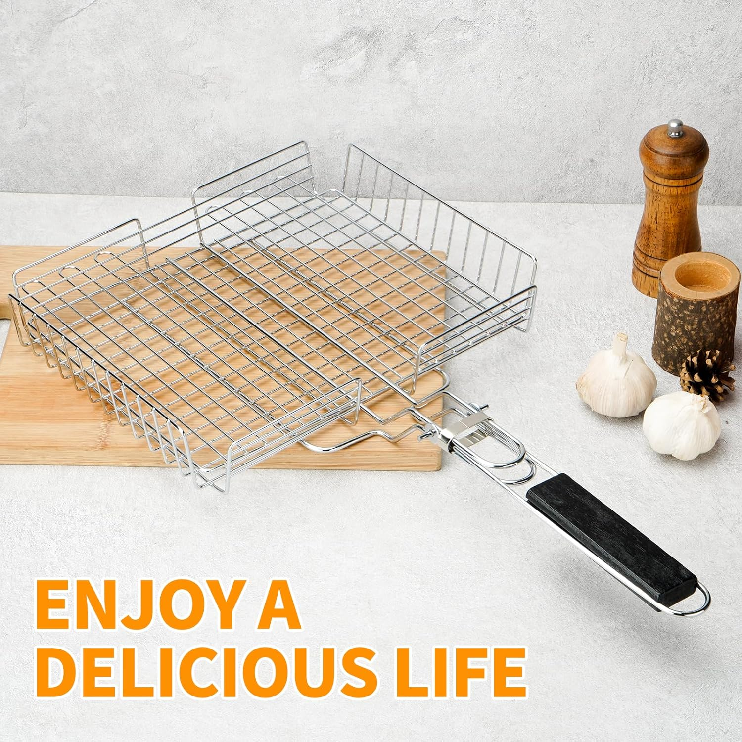 Fish & Vegetable Grill Basket,Portable Stainless Steel BBQ Grill Basket,Folding Outdoor Camping BBQ Rack for Fish, Shrimp, Vegetables, Barbeque Griller Cooking Accessories (Adjustable Black)