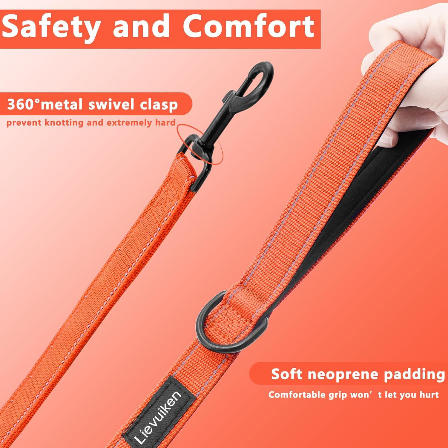 LIEVUIKEN Dog Leash 4Ft Long, Double Handle Dog Leash for Safety Control Training, Heavy Duty Dog Leads with Traffic Padded Handles, Reflective Leashes for Small Medium Large Dogs(4Ft, Orange) image number 5
