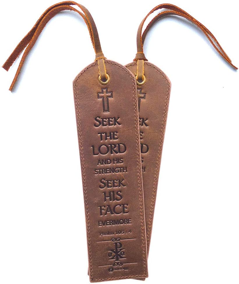 Leather Bible Bookmarks - 2 Leather Christian Bookmarks with Inspirational Bible Verse | Psalm 105: 4 Seek the Lord and His Strength | Religious Book Marker Gifts for Men, Women, Readers and Friends image number 3