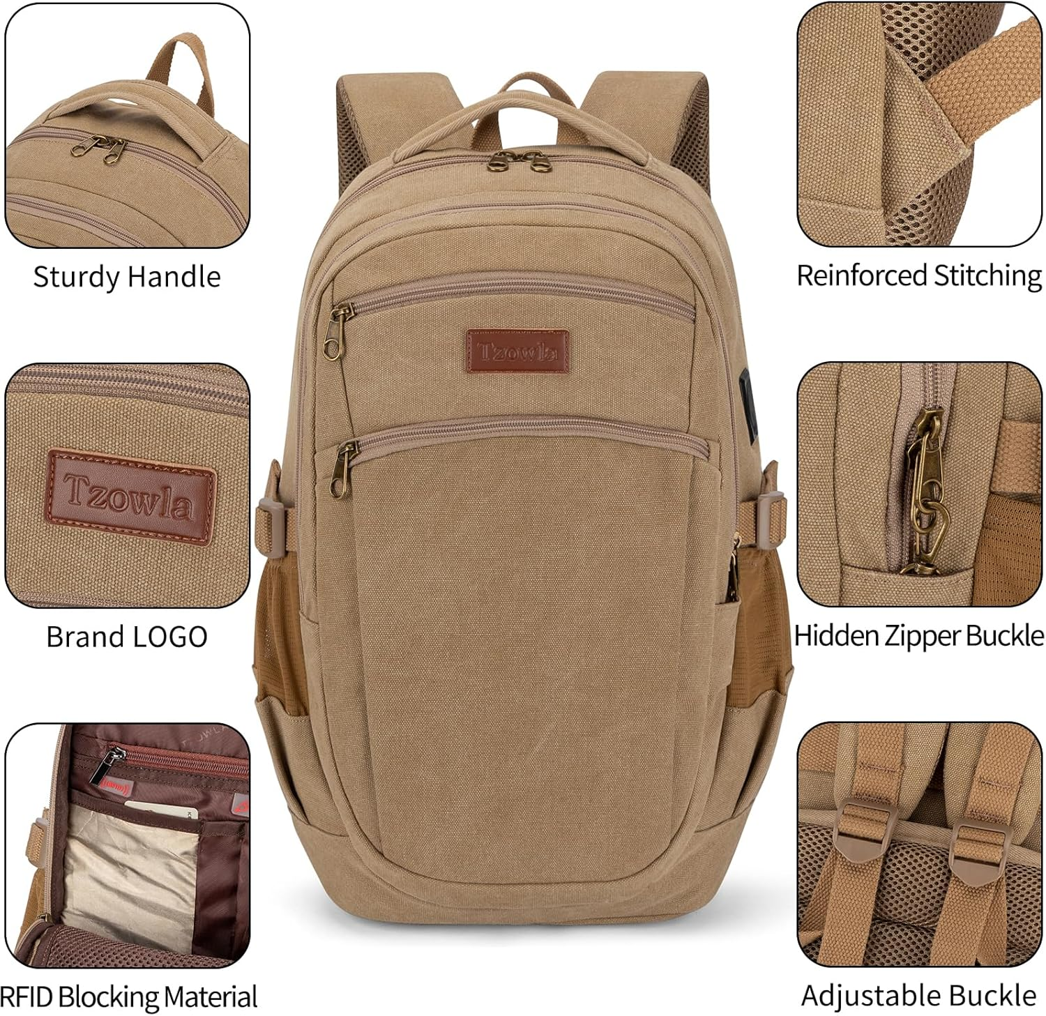 Tzowla Vintage Canvas Laptop Backpack for Men and Women,College Travel Work Rucksack Fit 15.6 Inch Laoptop - Khaki image number 6