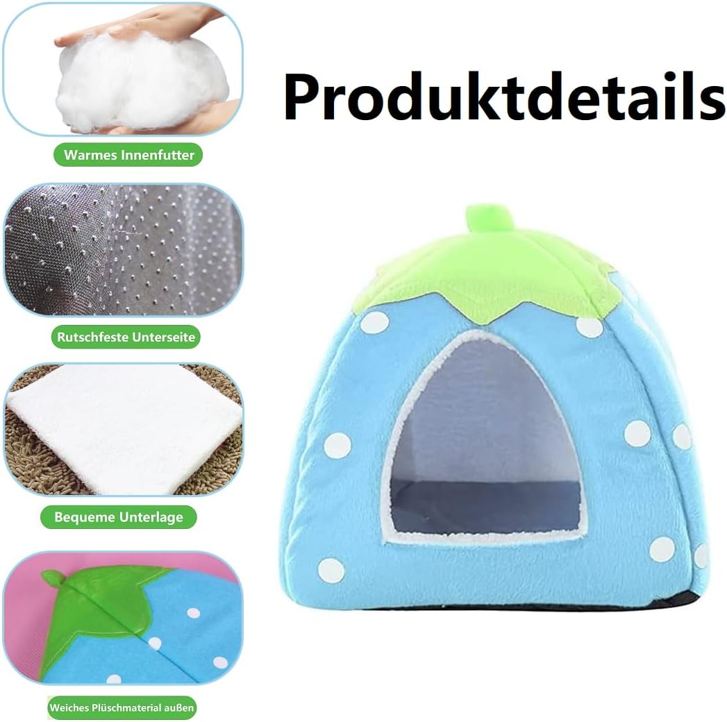 KOMUNJ Small Animal Winter House, Multifunctional Warm Bed, Strawberry Design, Soft Pet Sleeping Bag, Dog Kennel, Cat Cave, Dog, Cat House, Sleeping Bag with Removable Mat (S, Blue) image number 5
