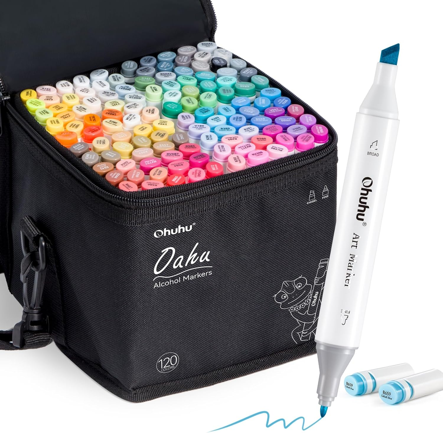 Alcohol Art Markers, Ohuhu 120 Colors Double Tipped Marker Set for Kids Adults Coloring, Alcohol-Based Sketch Sketching Markers, Comes with 1 Colorless Marker Blender