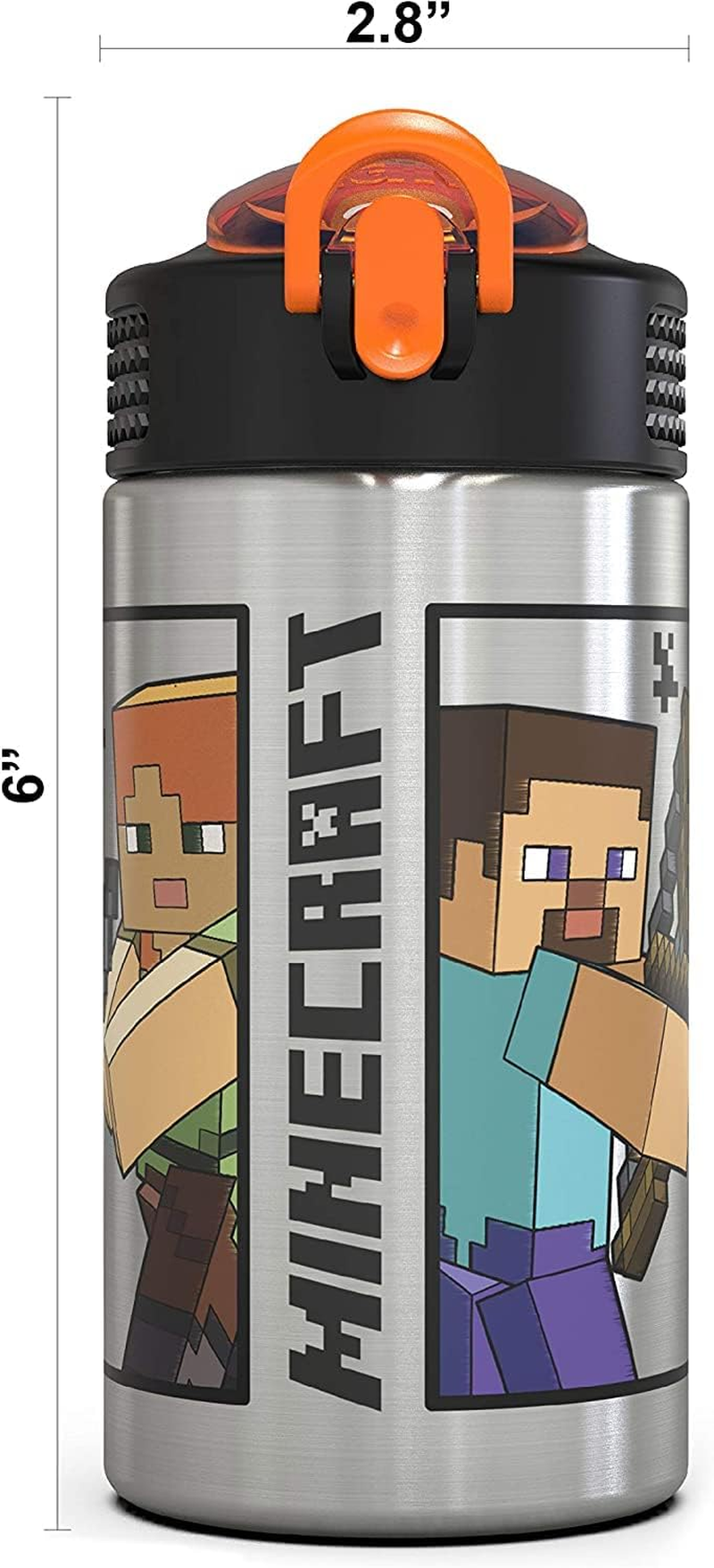 Zak Designs Minecraft - Stainless Steel Water Bottle with One Hand Operation Action Lid and Built-In Carrying Loop, Kids Water Bottle with Straw Spout Is Perfect for Kids (15.5 Oz, 18/8, Bpa-Free) image number 5