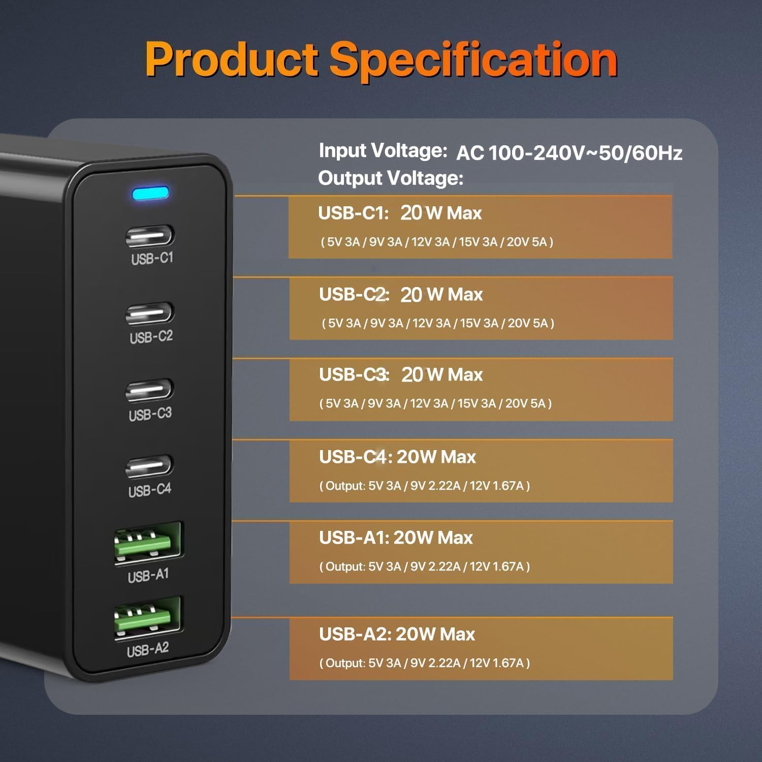 USB C Charging Station, 6 Port Charger【4 USBC + 2 USBA】 Total 120W Block Hub, Fast Charge PD20W Type C, Multiple Plug Power Adapter Compatible with Iphone 11/12/13/14/15/16/Galaxy S21/S22/S23/Tablet image number 4